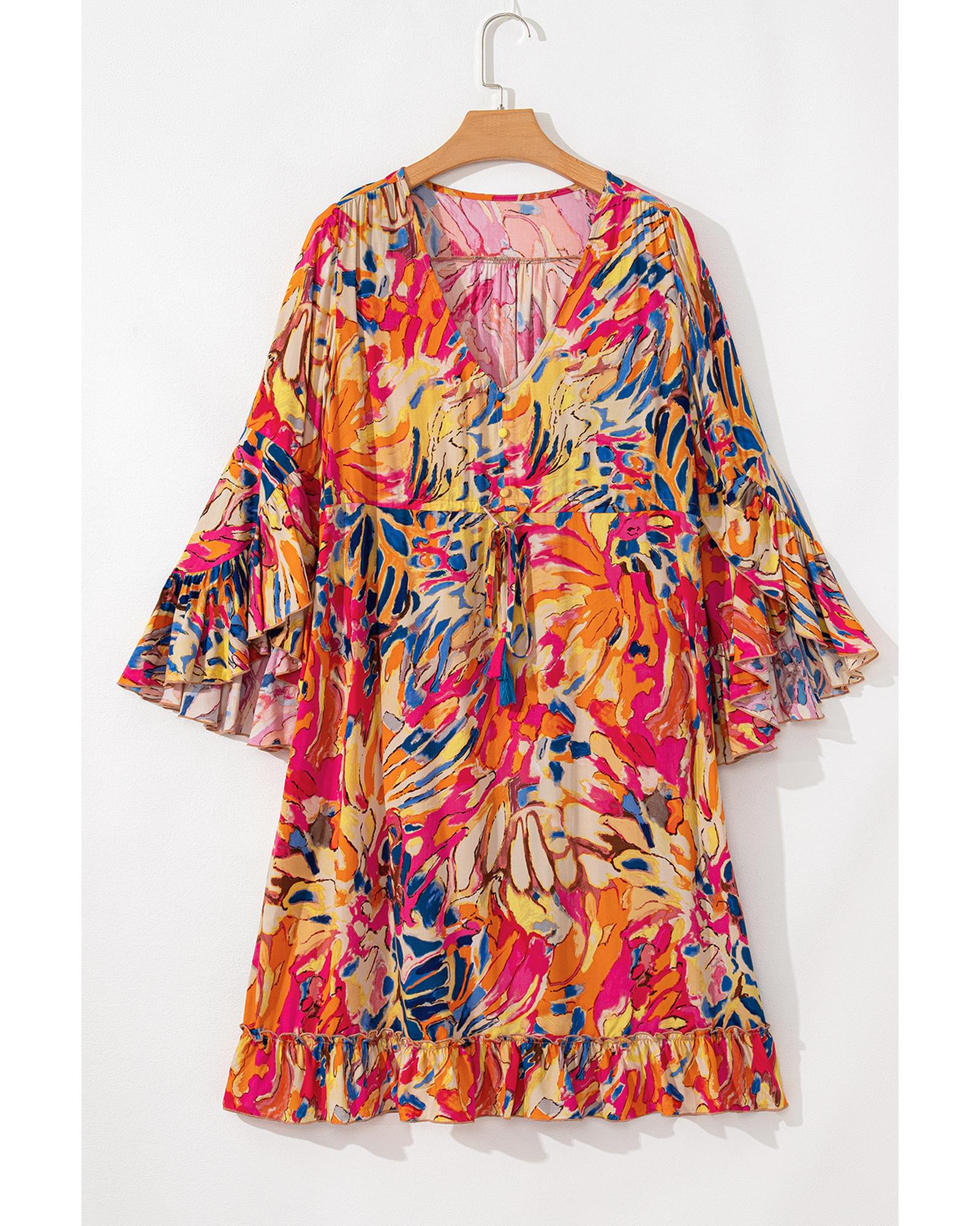 Pink Plant Print Flared Sleeve Ruffled Hem Tunic High Waist Flowy Dress - L 3