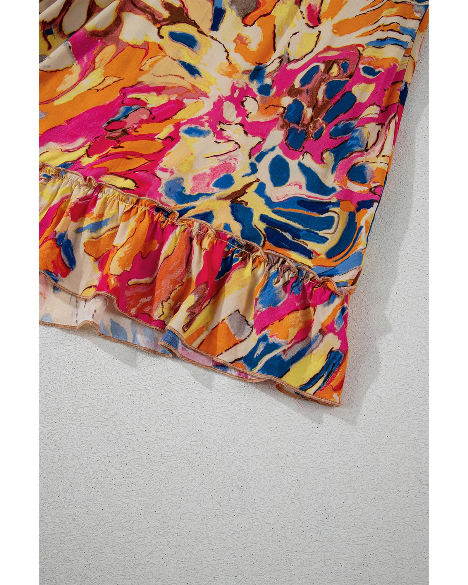 Pink Plant Print Flared Sleeve Ruffled Hem Tunic High Waist Flowy Dress - L 4