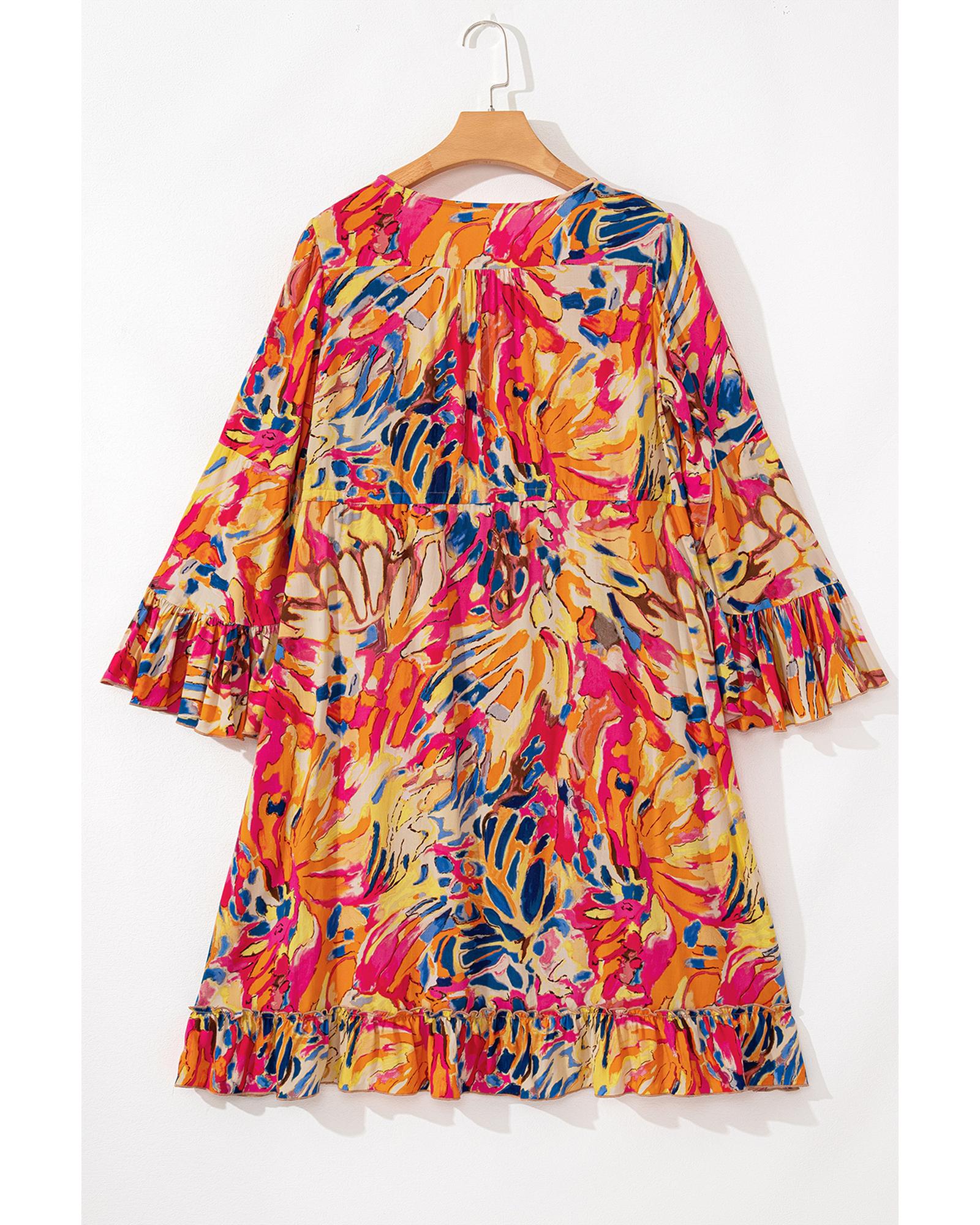 Pink Plant Print Flared Sleeve Ruffled Hem Tunic High Waist Flowy Dress - L 6