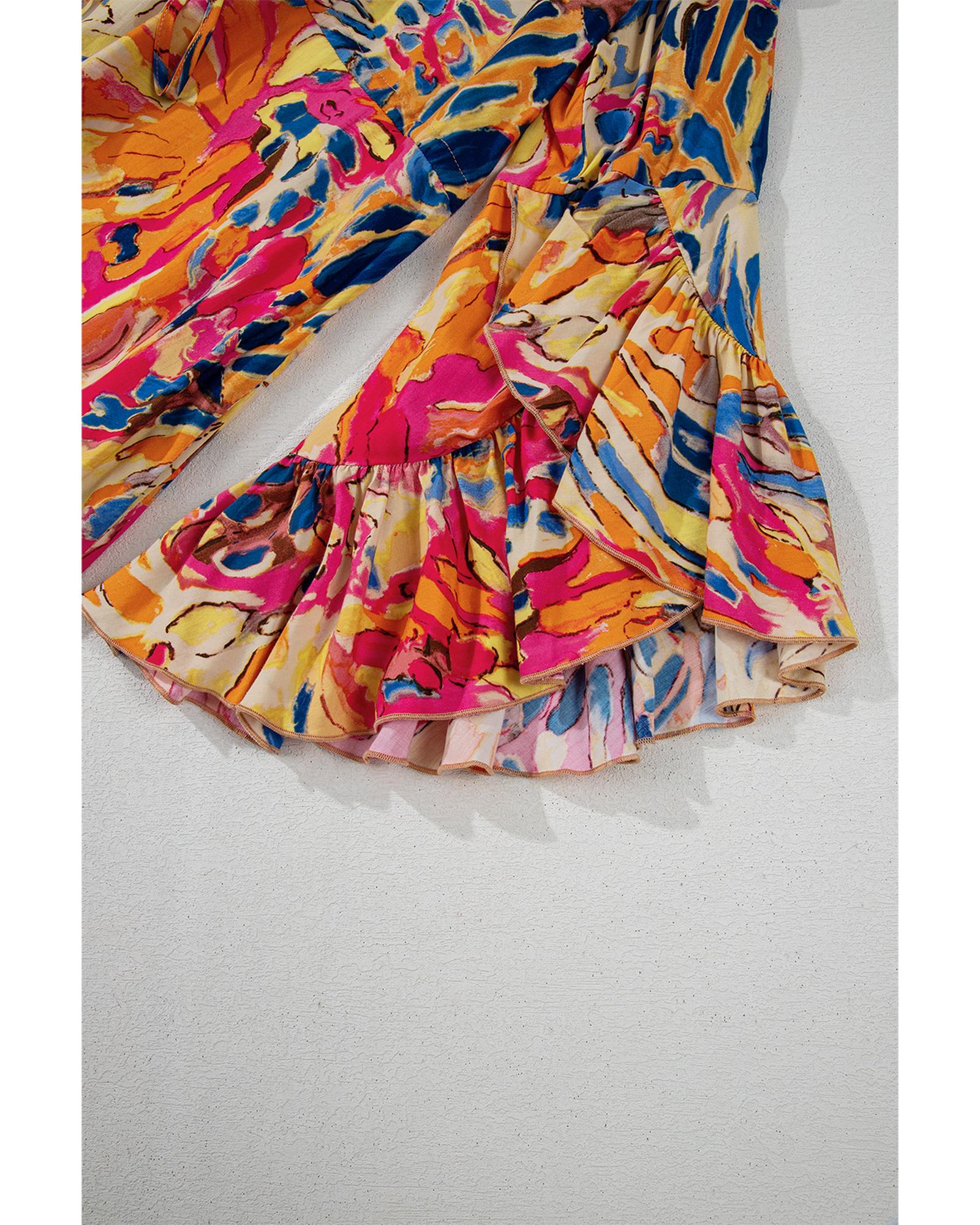 Pink Plant Print Flared Sleeve Ruffled Hem Tunic High Waist Flowy Dress - L 7