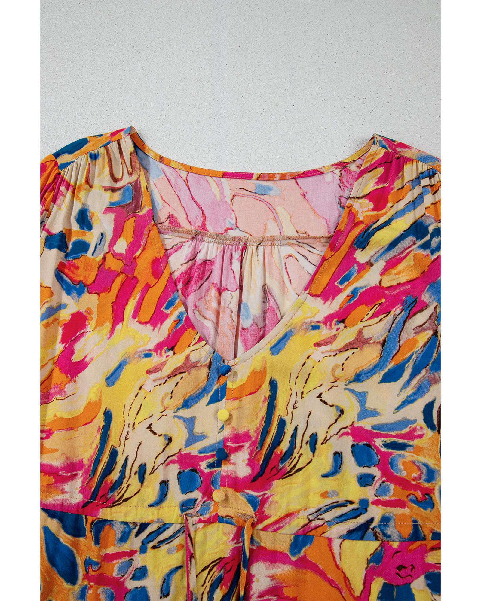 Pink Plant Print Flared Sleeve Ruffled Hem Tunic High Waist Flowy Dress - M