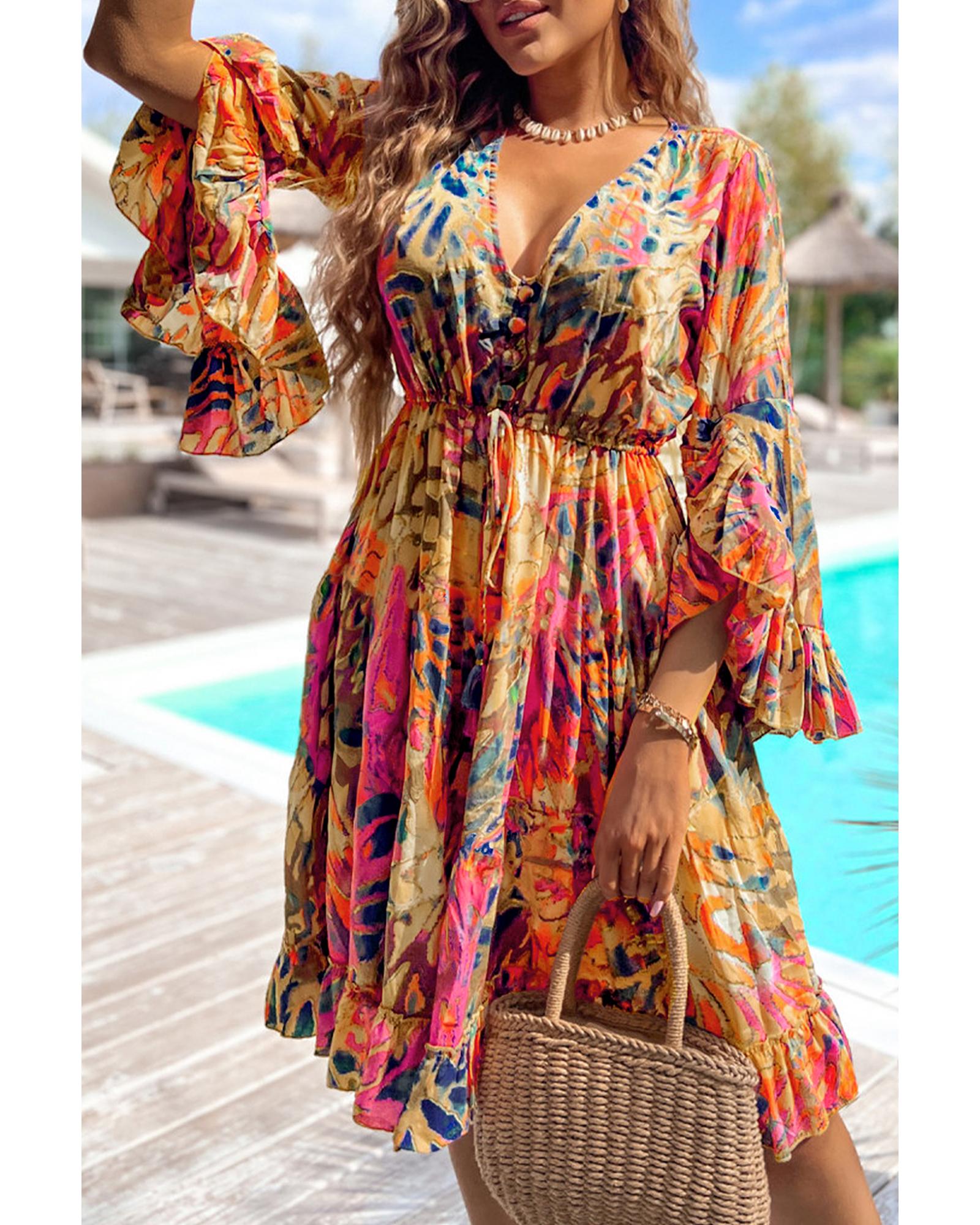 Pink Plant Print Flared Sleeve Ruffled Hem Tunic High Waist Flowy Dress - M