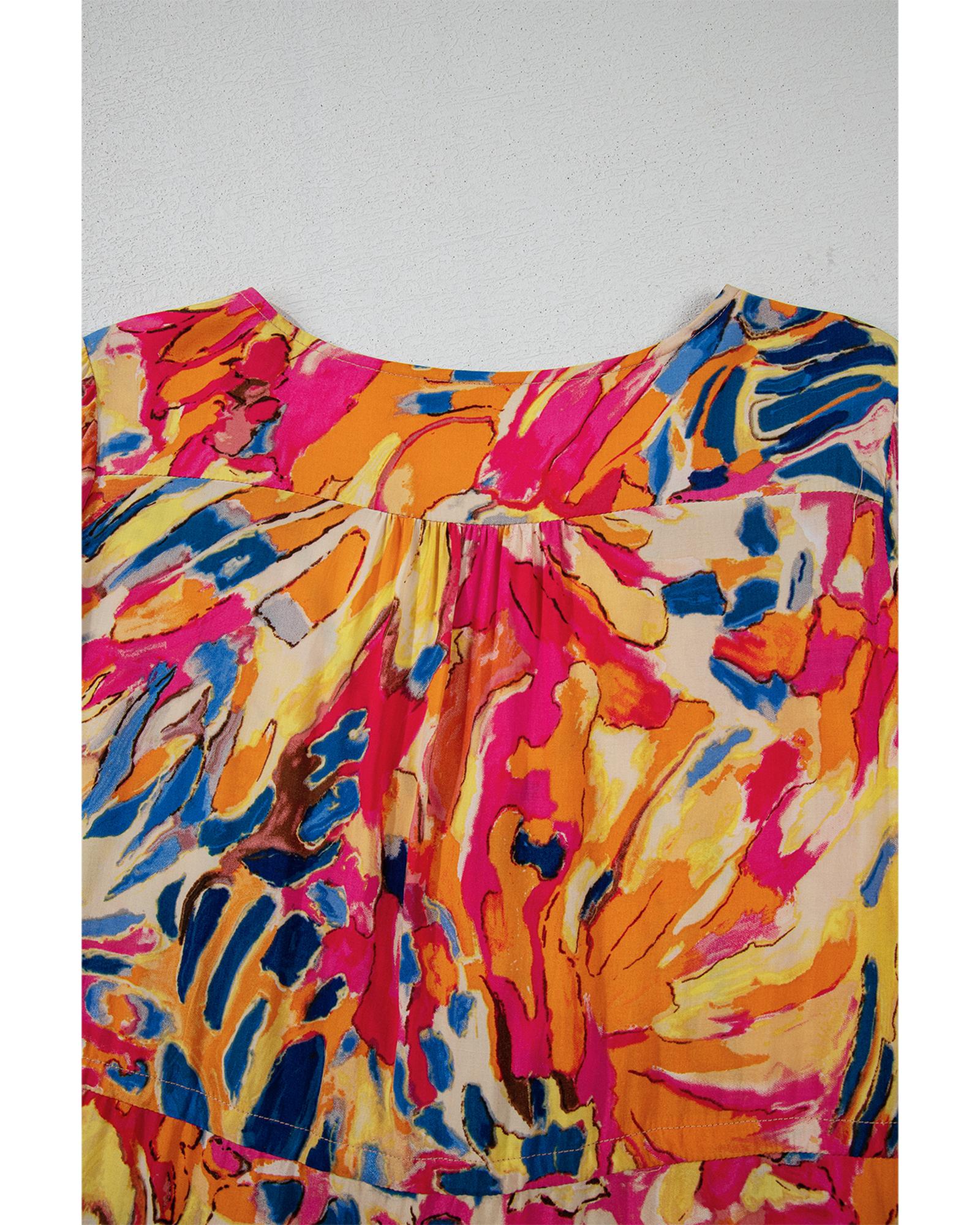 Pink Plant Print Flared Sleeve Ruffled Hem Tunic High Waist Flowy Dress - M 5