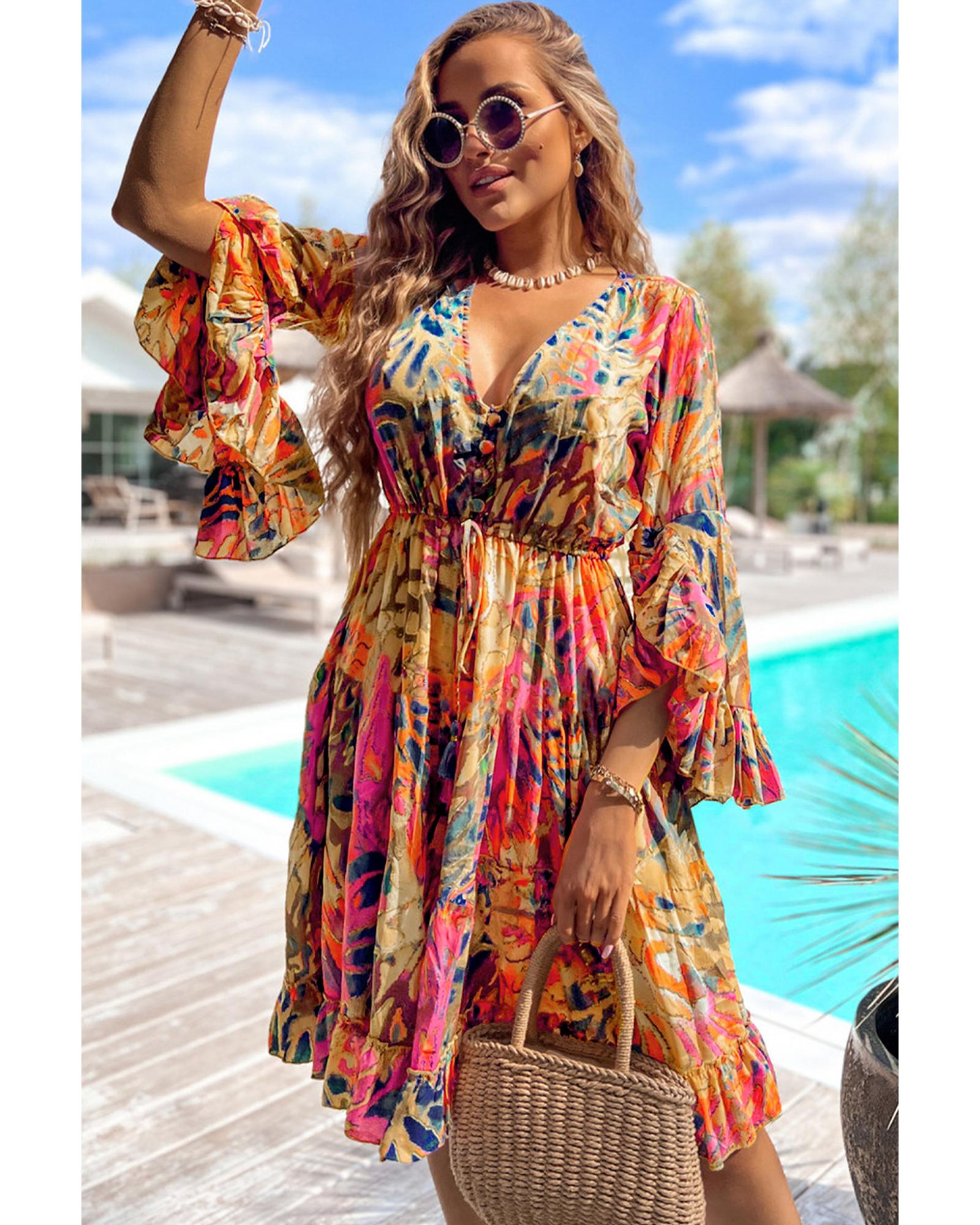 Pink Plant Print Flared Sleeve Ruffled Hem Tunic High Waist Flowy Dress - M 8