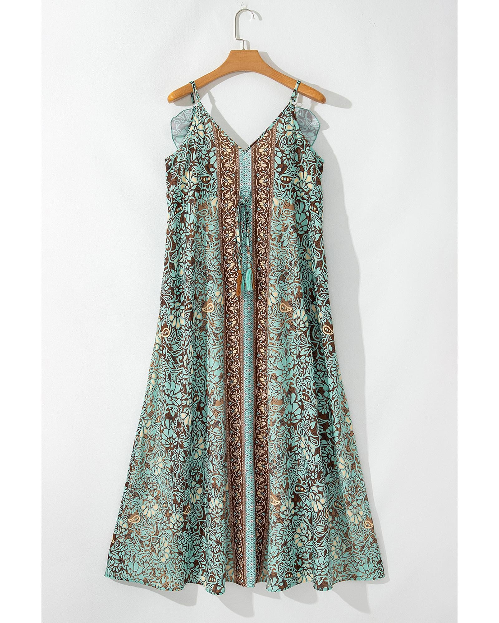 Green Floral Print V Neck Ruffled Trim Backless Tassel Waist Maxi Dress - L 5