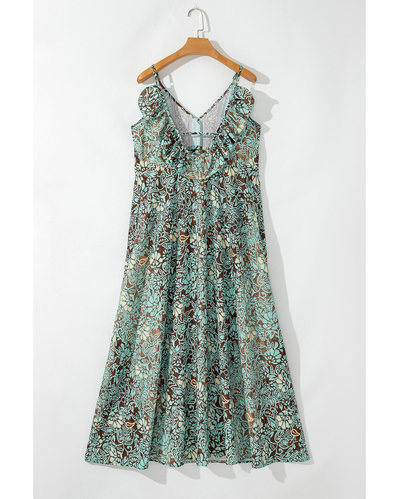 Green Floral Print V Neck Ruffled Trim Backless Tassel Waist Maxi Dress - L 6