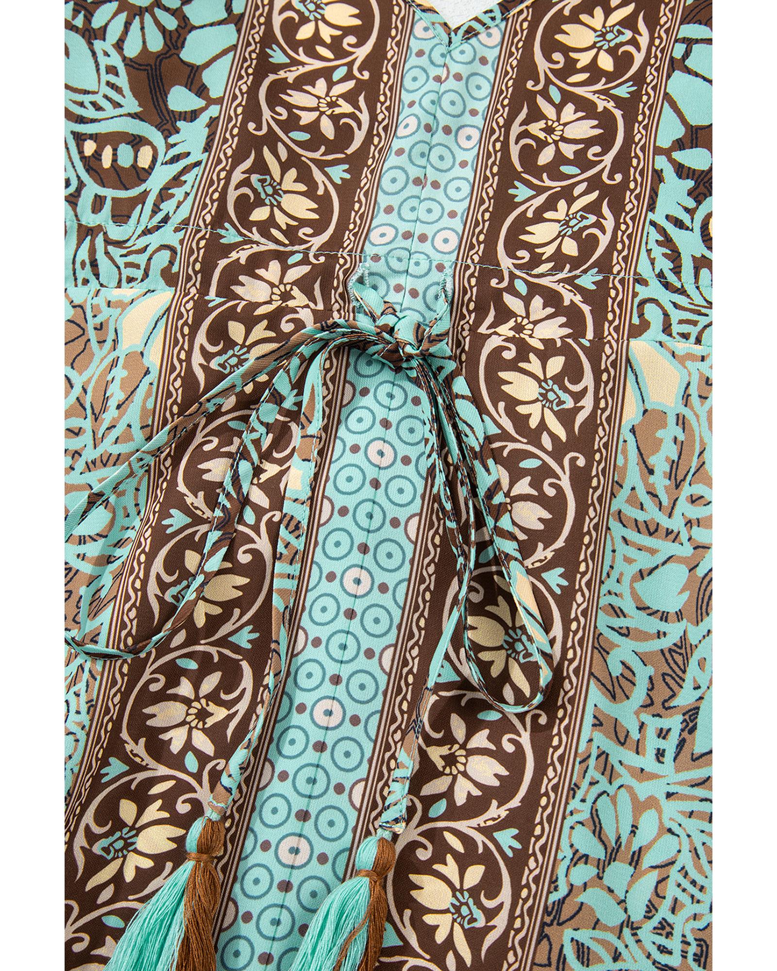 Green Floral Print V Neck Ruffled Trim Backless Tassel Waist Maxi Dress - L 8