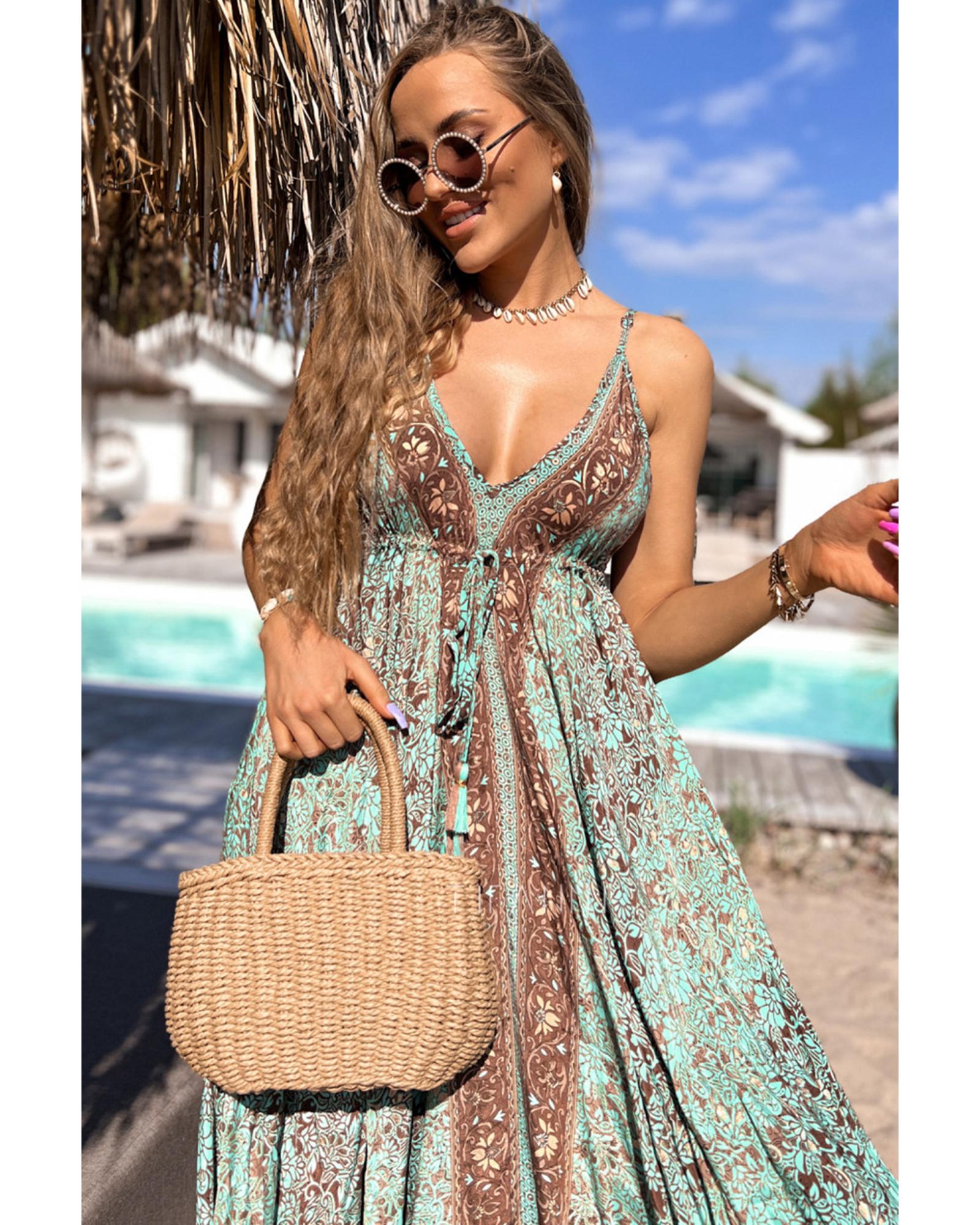 Green Floral Print V Neck Ruffled Trim Backless Tassel Waist Maxi Dress - M 3