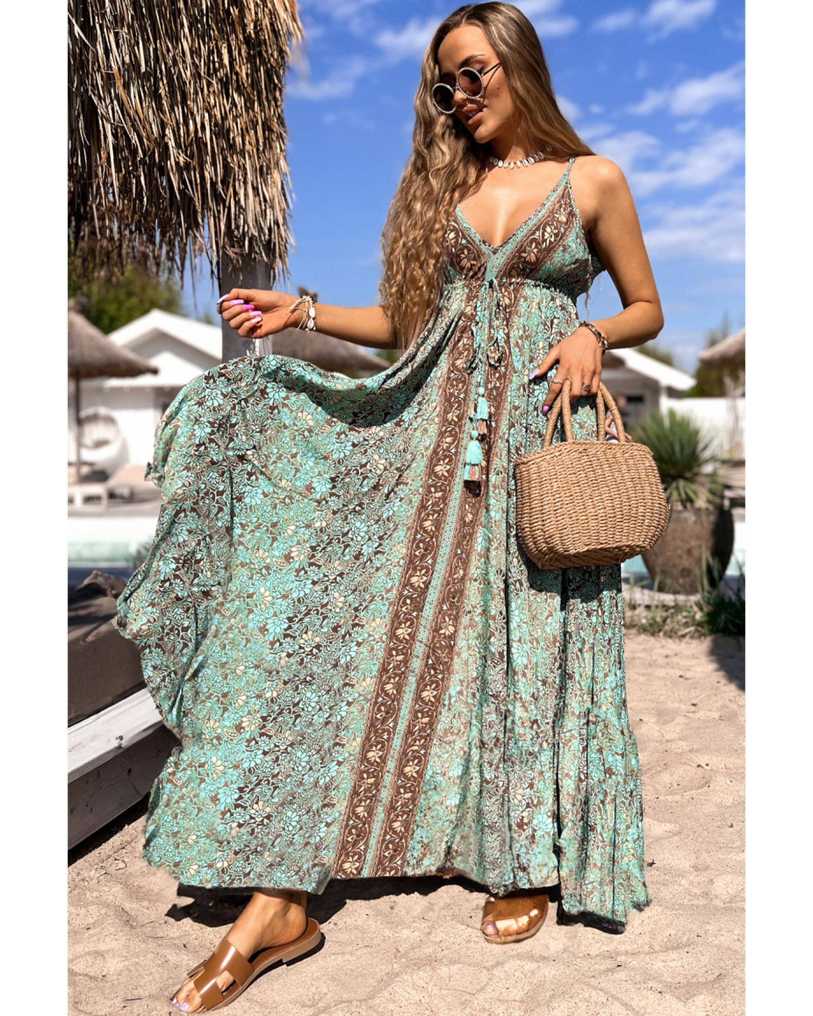 Green Floral Print V Neck Ruffled Trim Backless Tassel Waist Maxi Dress - M 4