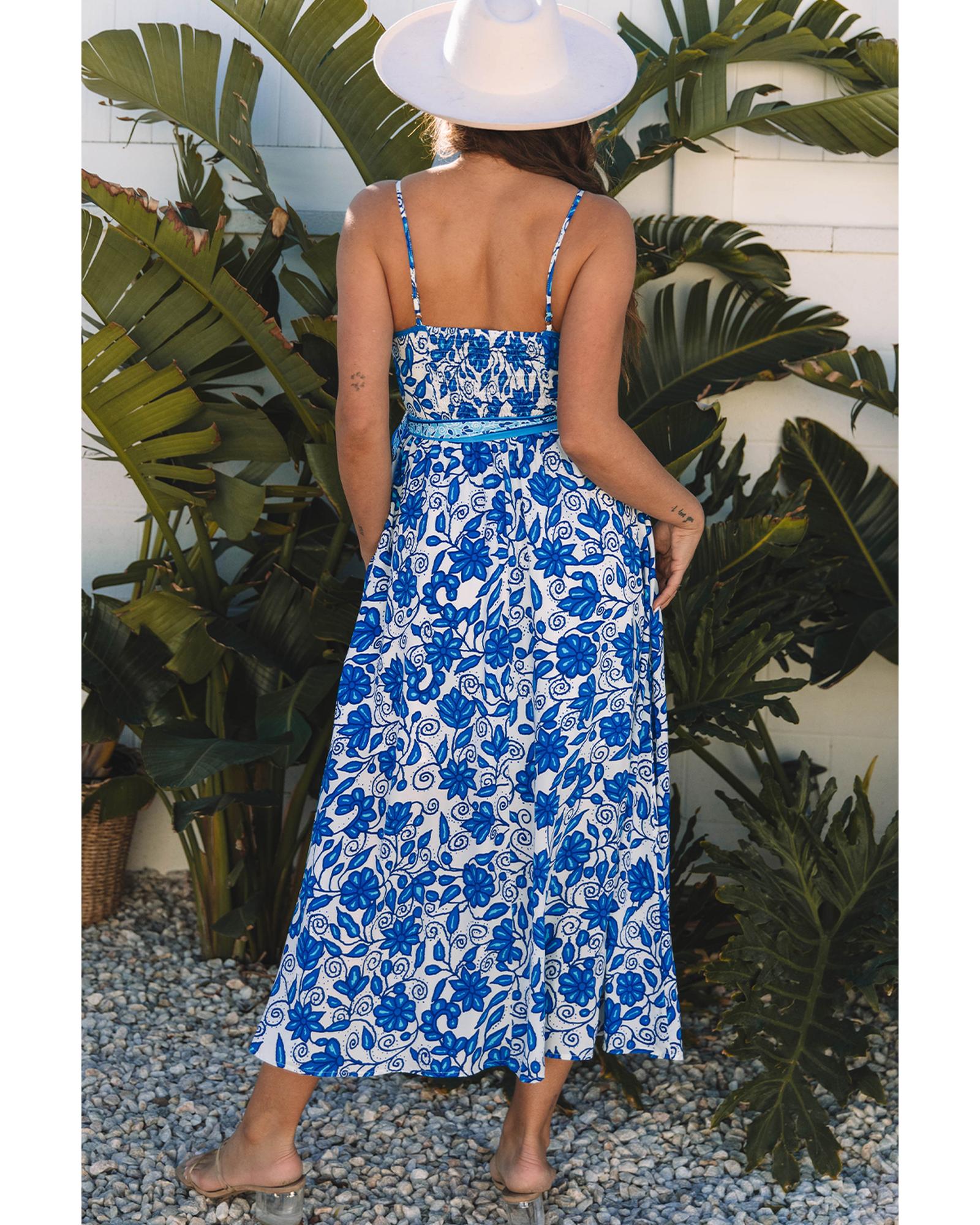 Blue Floral Printed Spaghetti Strap Maxi Dress with Waist Tie - L