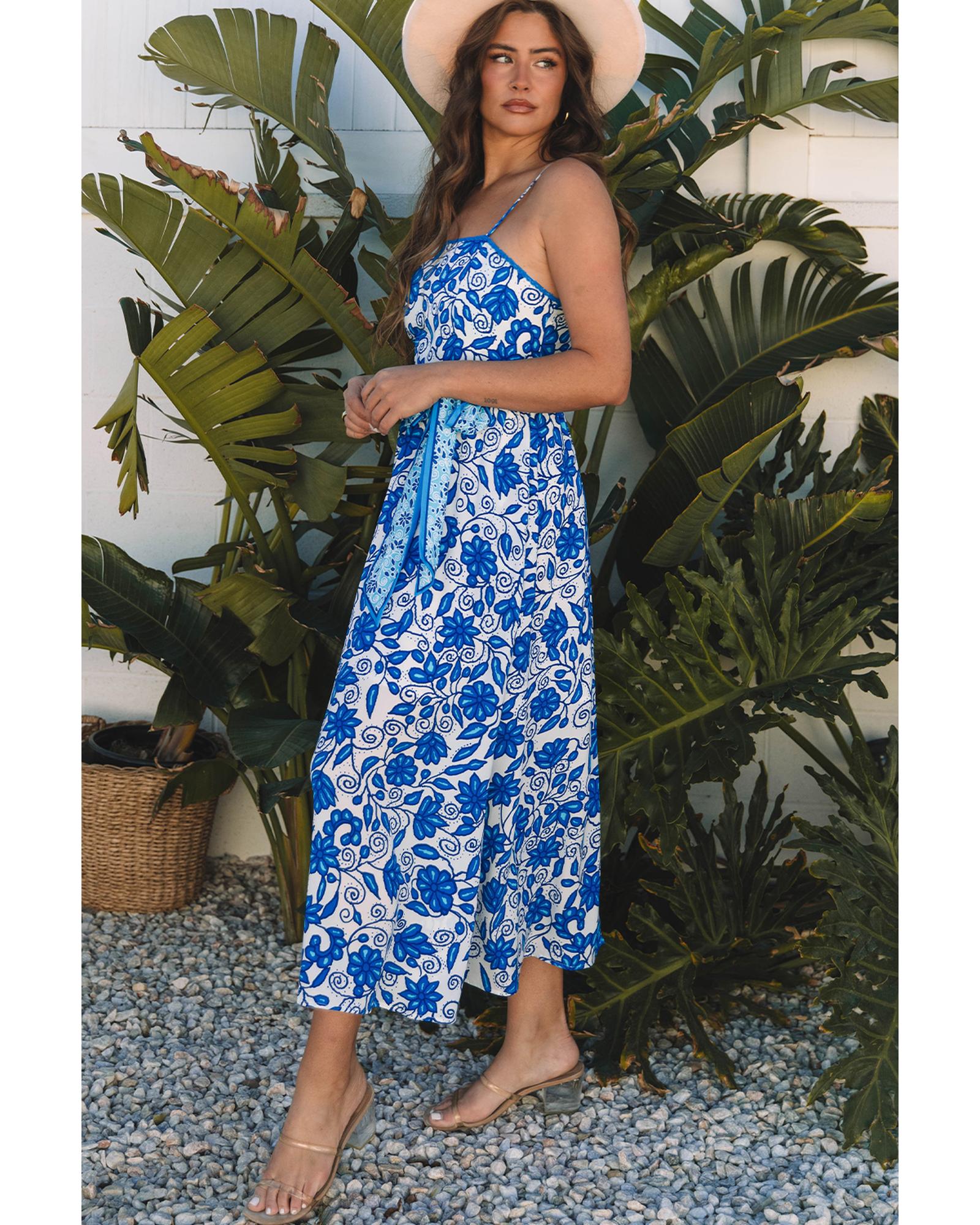 Blue Floral Printed Spaghetti Strap Maxi Dress with Waist Tie - M 3
