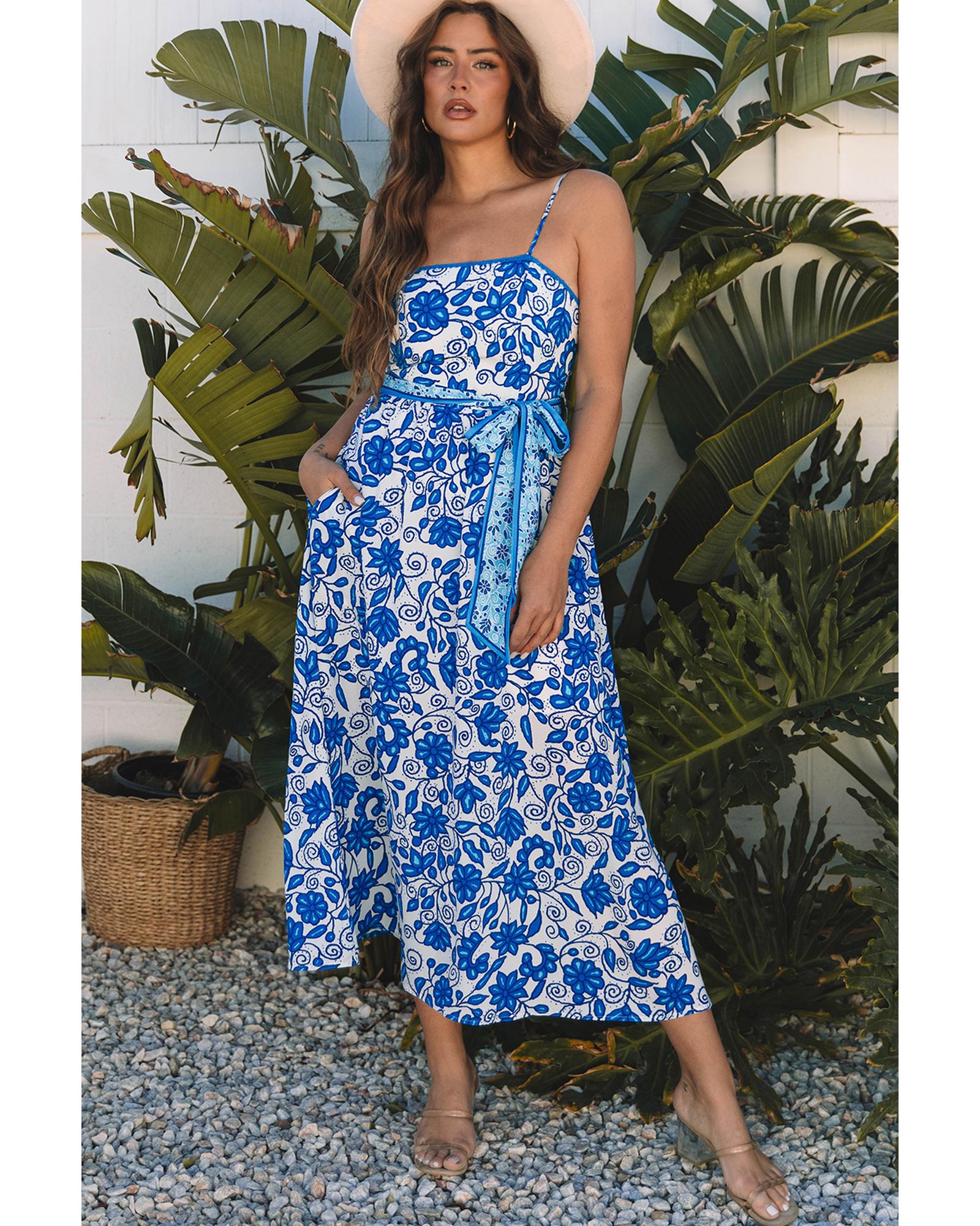 Blue Floral Printed Spaghetti Strap Maxi Dress with Waist Tie - M 4
