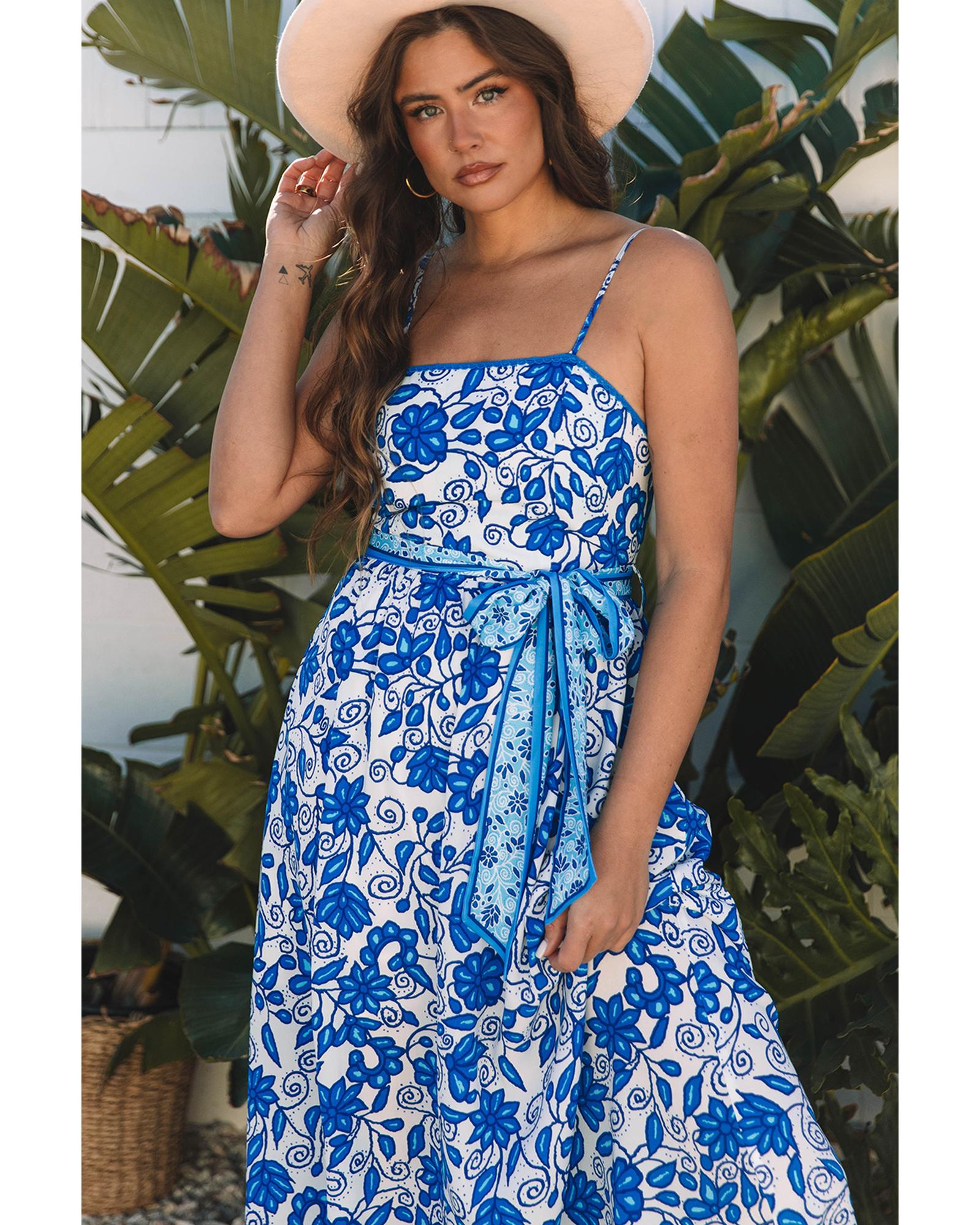 Blue Floral Printed Spaghetti Strap Maxi Dress with Waist Tie - M 6