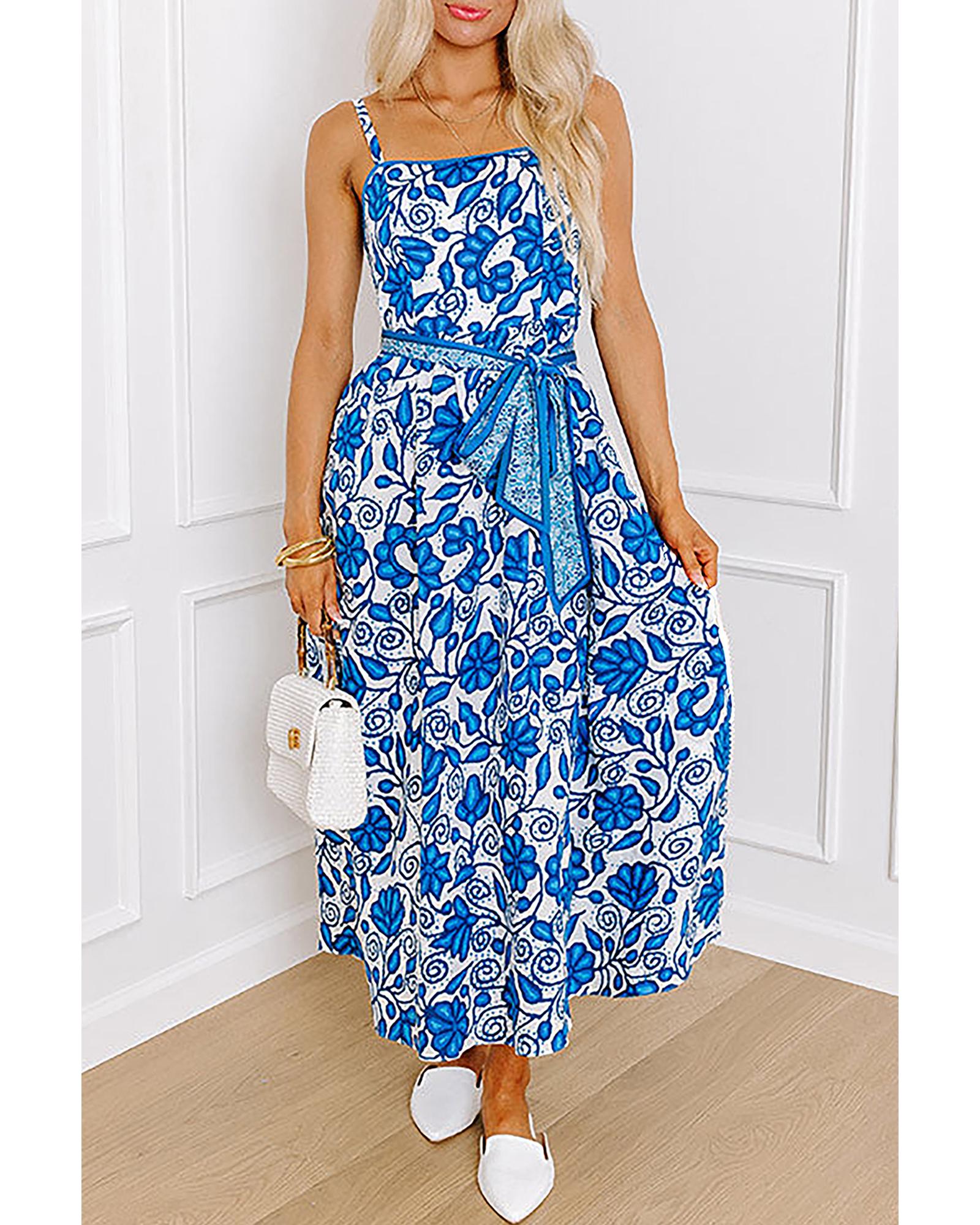 Blue Floral Printed Spaghetti Strap Maxi Dress with Waist Tie - M 8