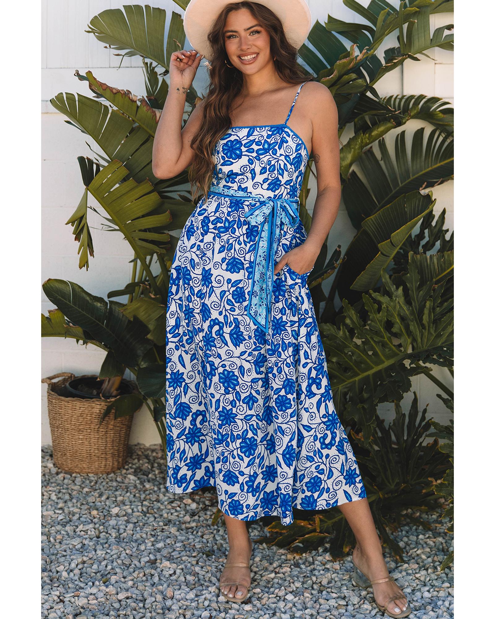Blue Floral Printed Spaghetti Strap Maxi Dress with Waist Tie - S