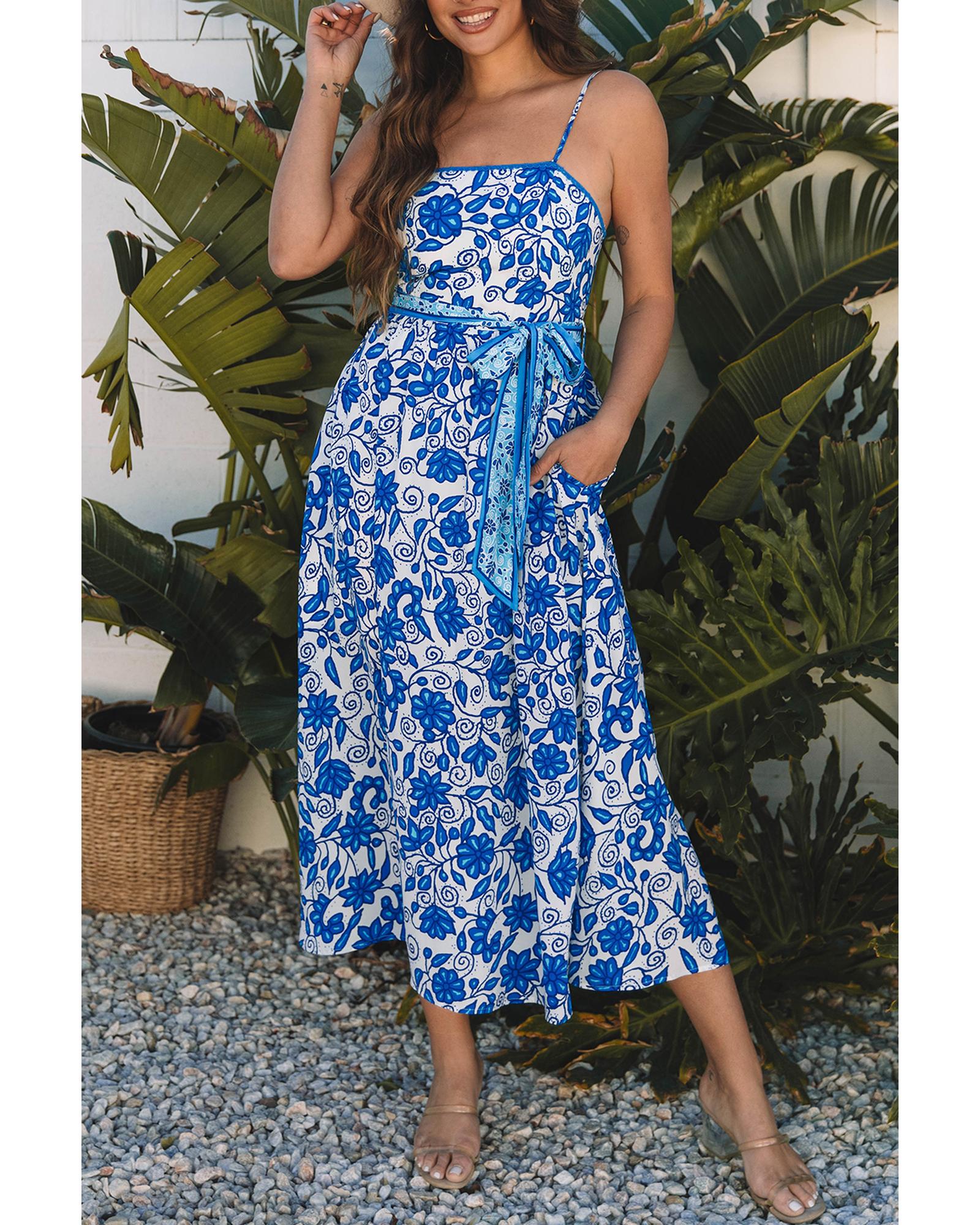 Blue Floral Printed Spaghetti Strap Maxi Dress with Waist Tie - S 7