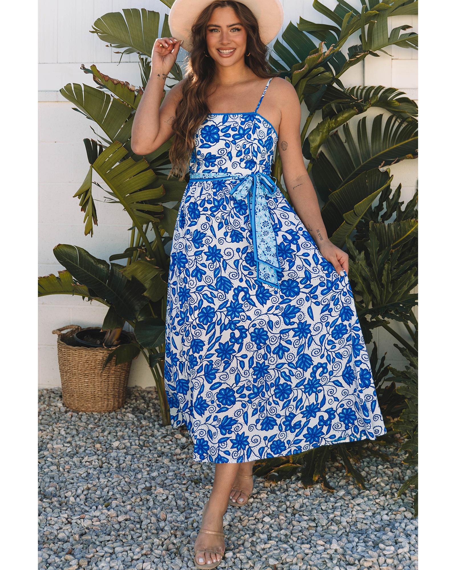 Blue Floral Printed Spaghetti Strap Maxi Dress with Waist Tie - XL 5