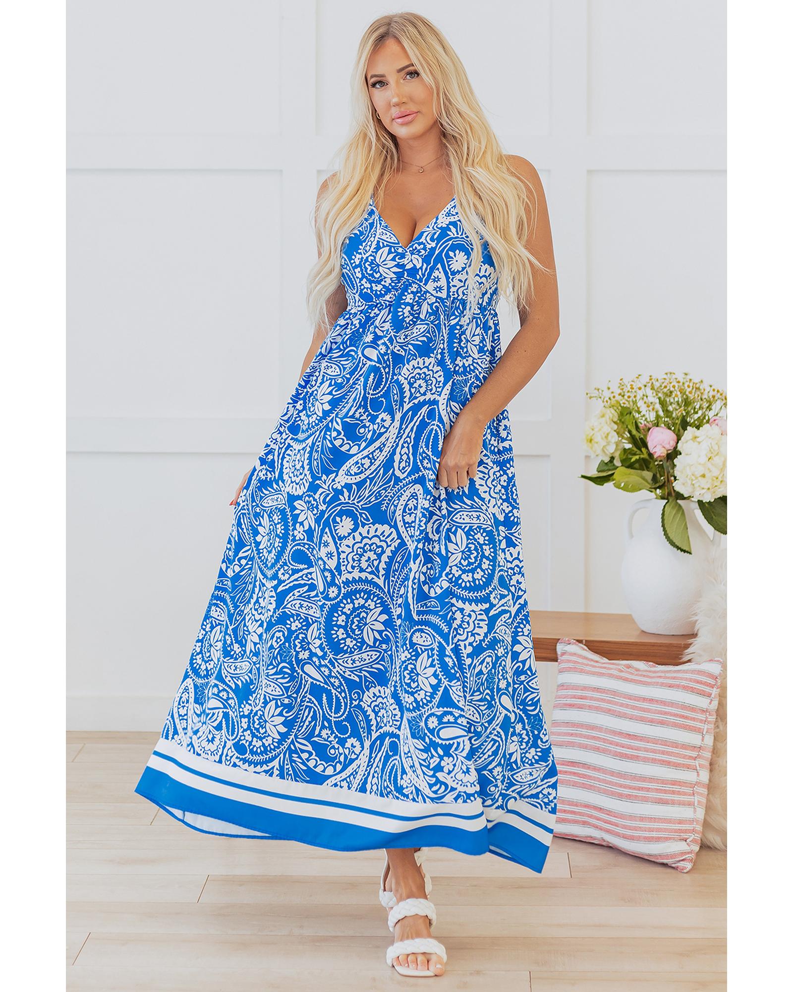 Blue Paisley V Neck Crisscross Backless Maxi Dress - L 6