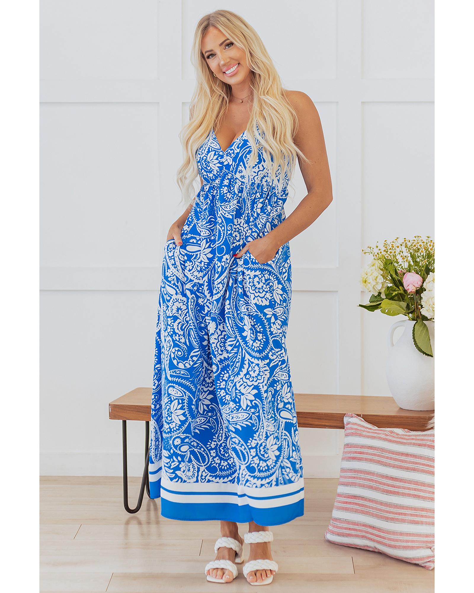 Blue Paisley V Neck Crisscross Backless Maxi Dress - M 4