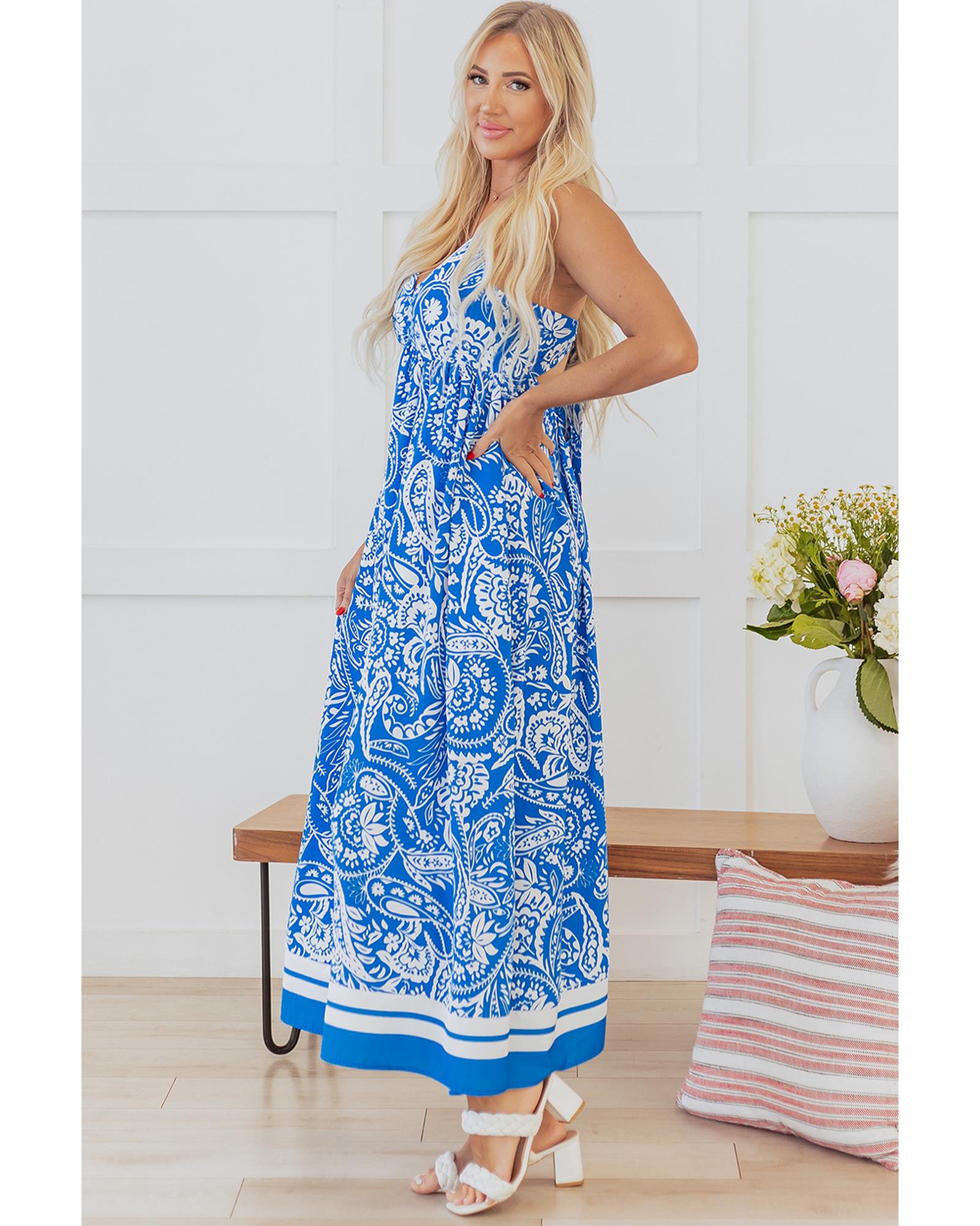 Blue Paisley V Neck Crisscross Backless Maxi Dress - S 3