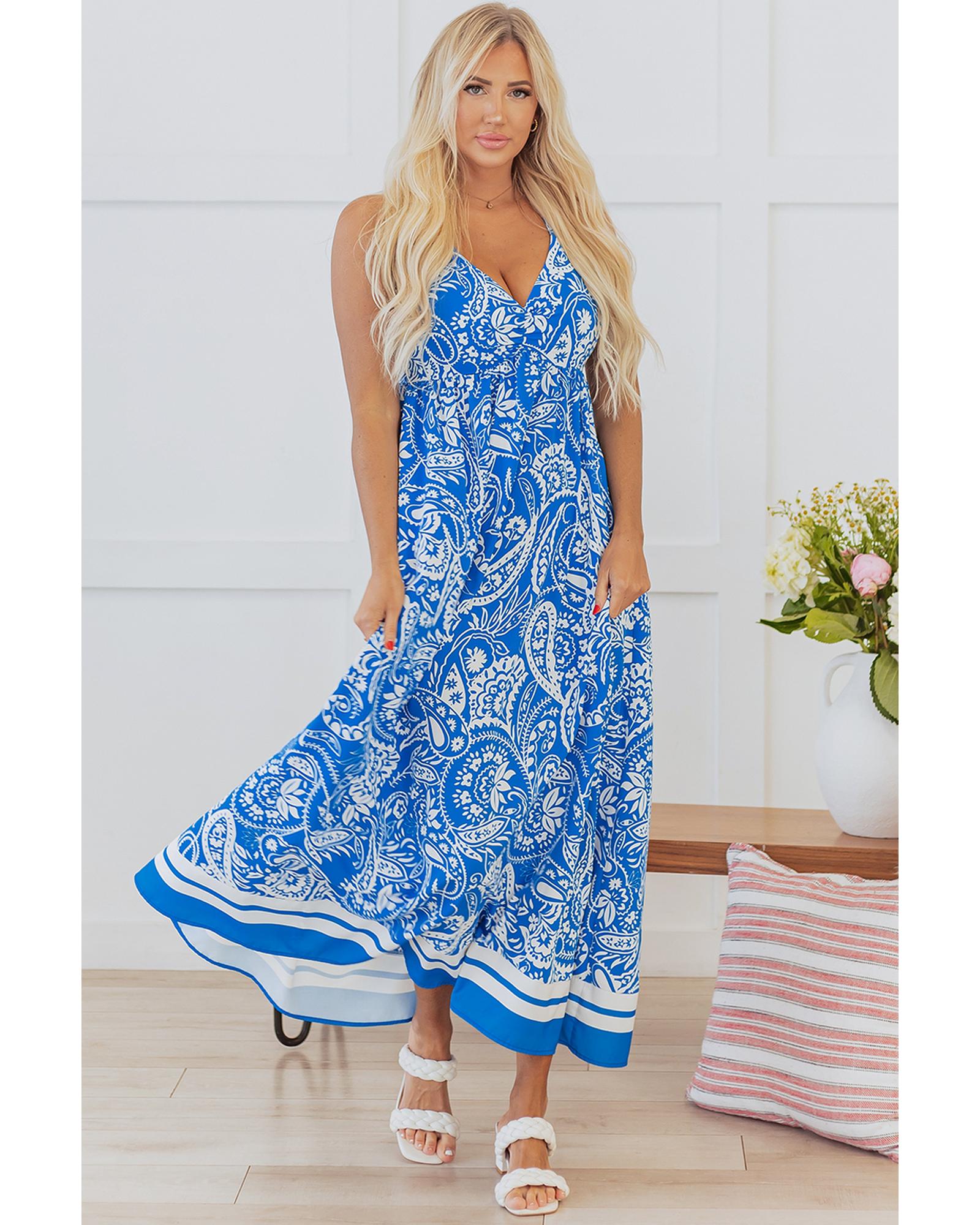 Blue Paisley V Neck Crisscross Backless Maxi Dress - S 7