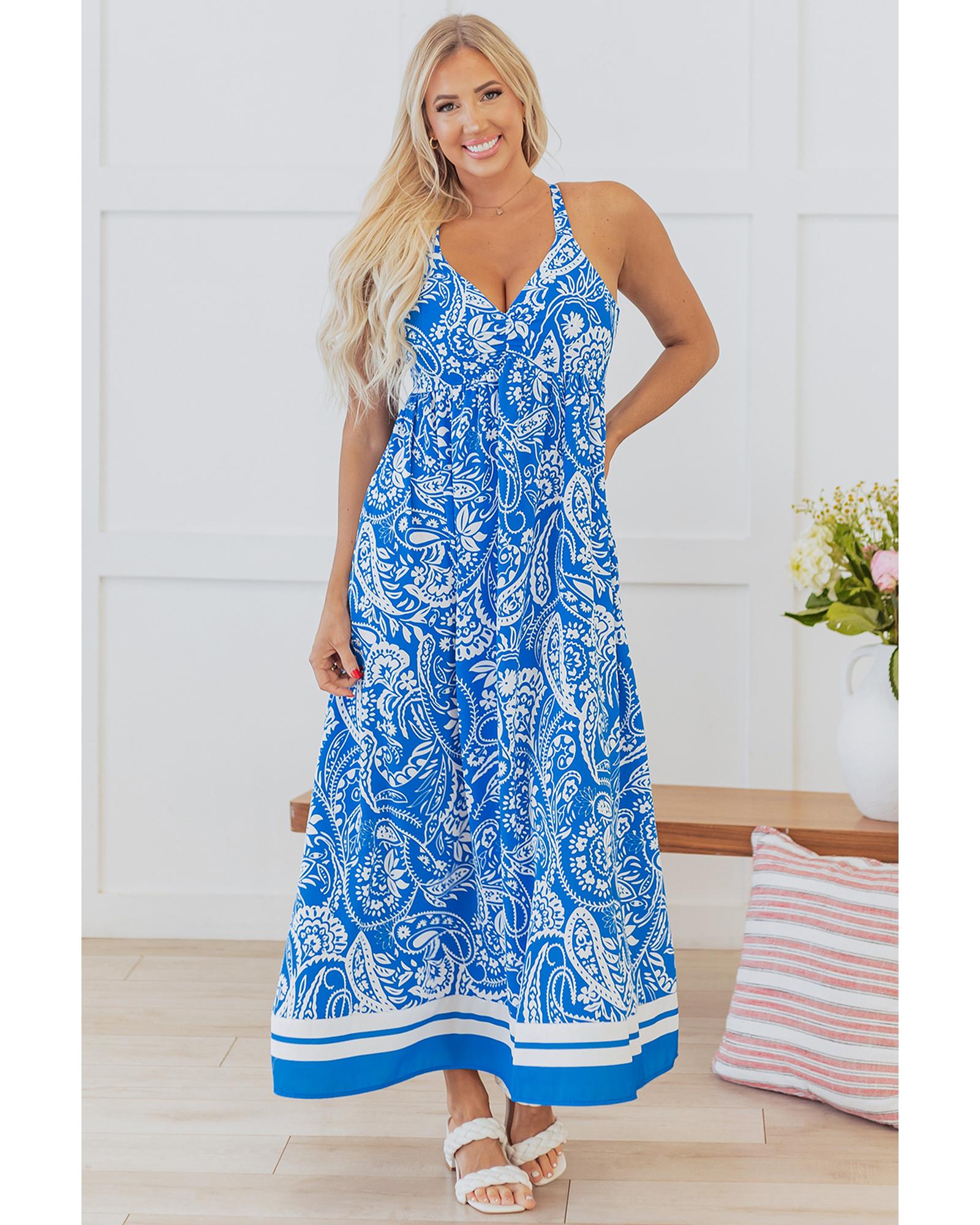 Blue Paisley V Neck Crisscross Backless Maxi Dress - XL