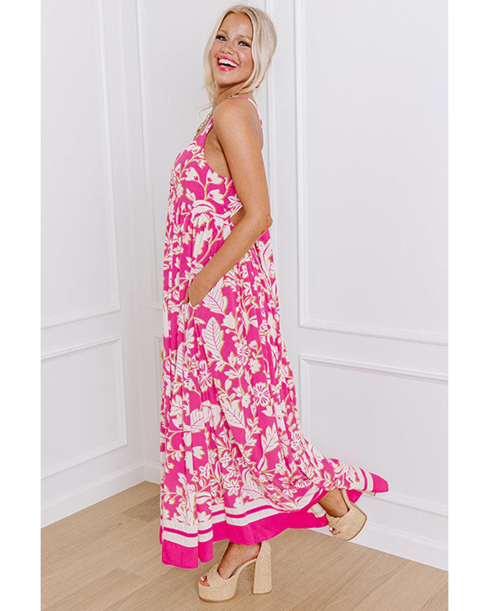Rose Floral V Neck Crisscross Backless Maxi Dress - L