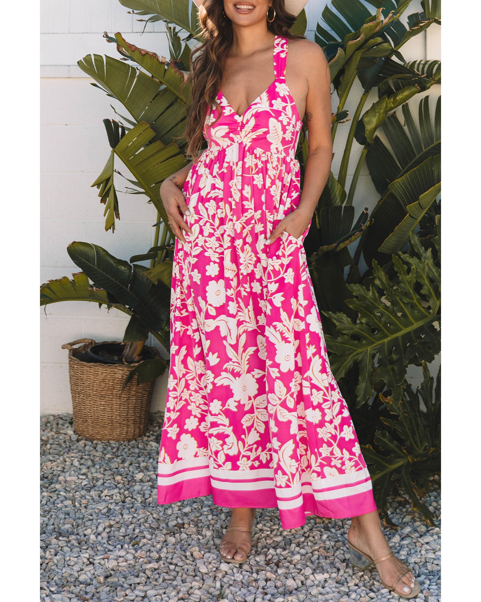 Rose Floral V Neck Crisscross Backless Maxi Dress - L 5