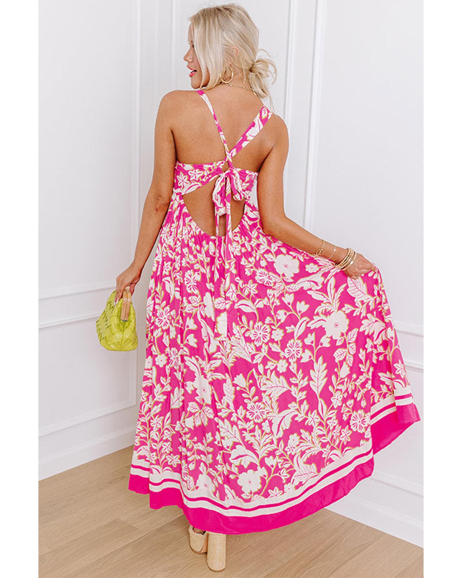 Rose Floral V Neck Crisscross Backless Maxi Dress - L 6