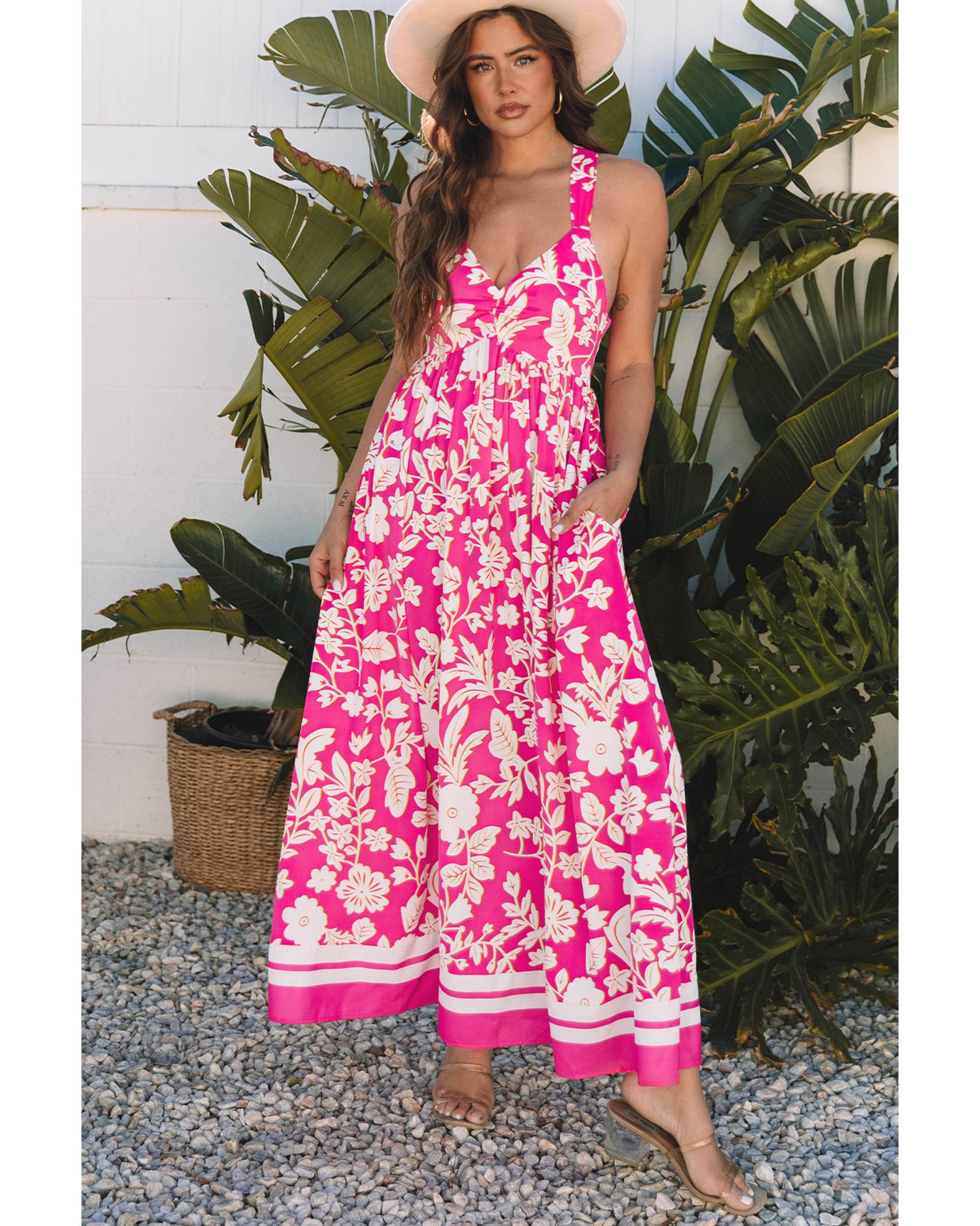 Rose Floral V Neck Crisscross Backless Maxi Dress - XL 4