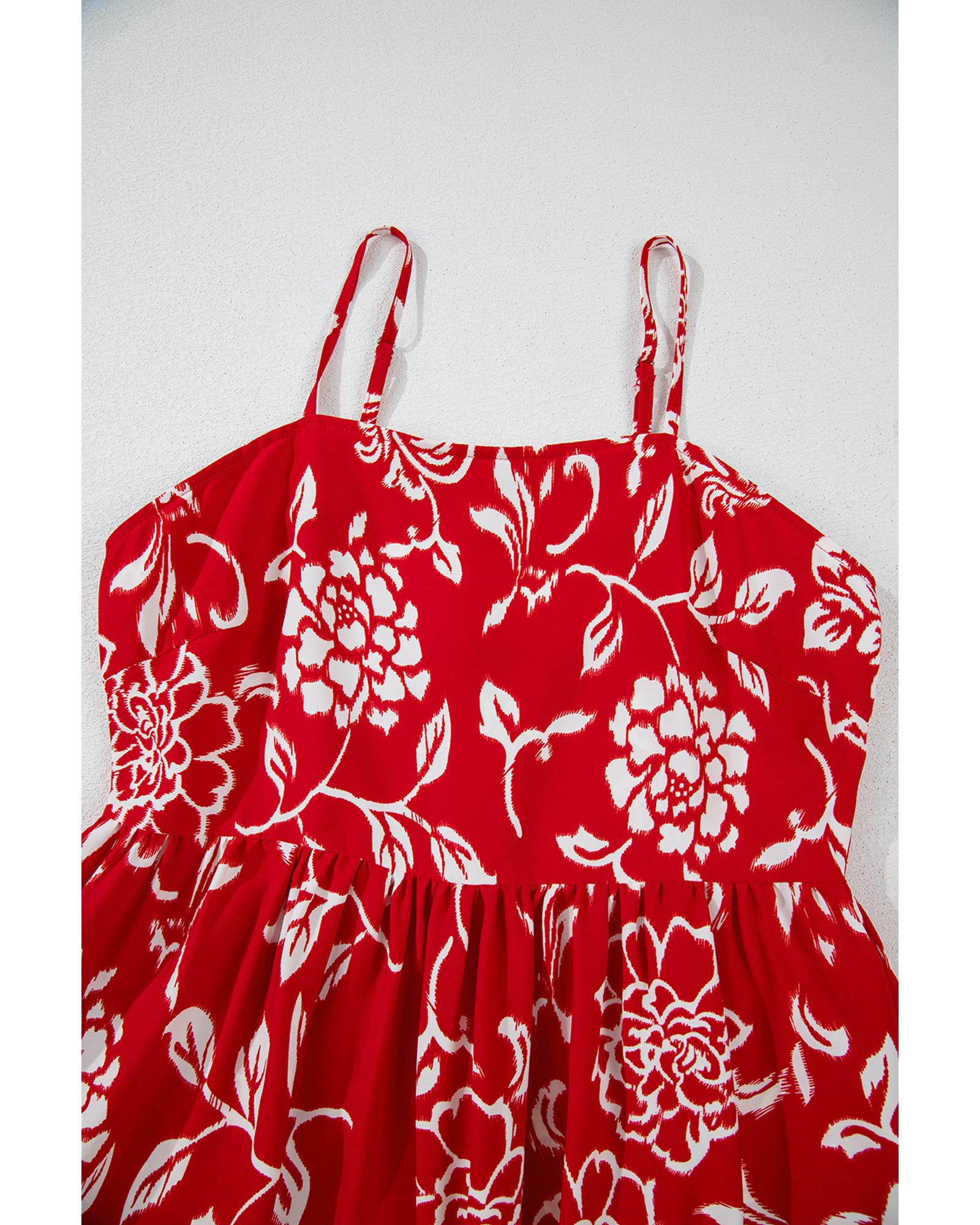 Red Floral Printed Spaghetti Strap Empire Waist Maxi Dress - L 5