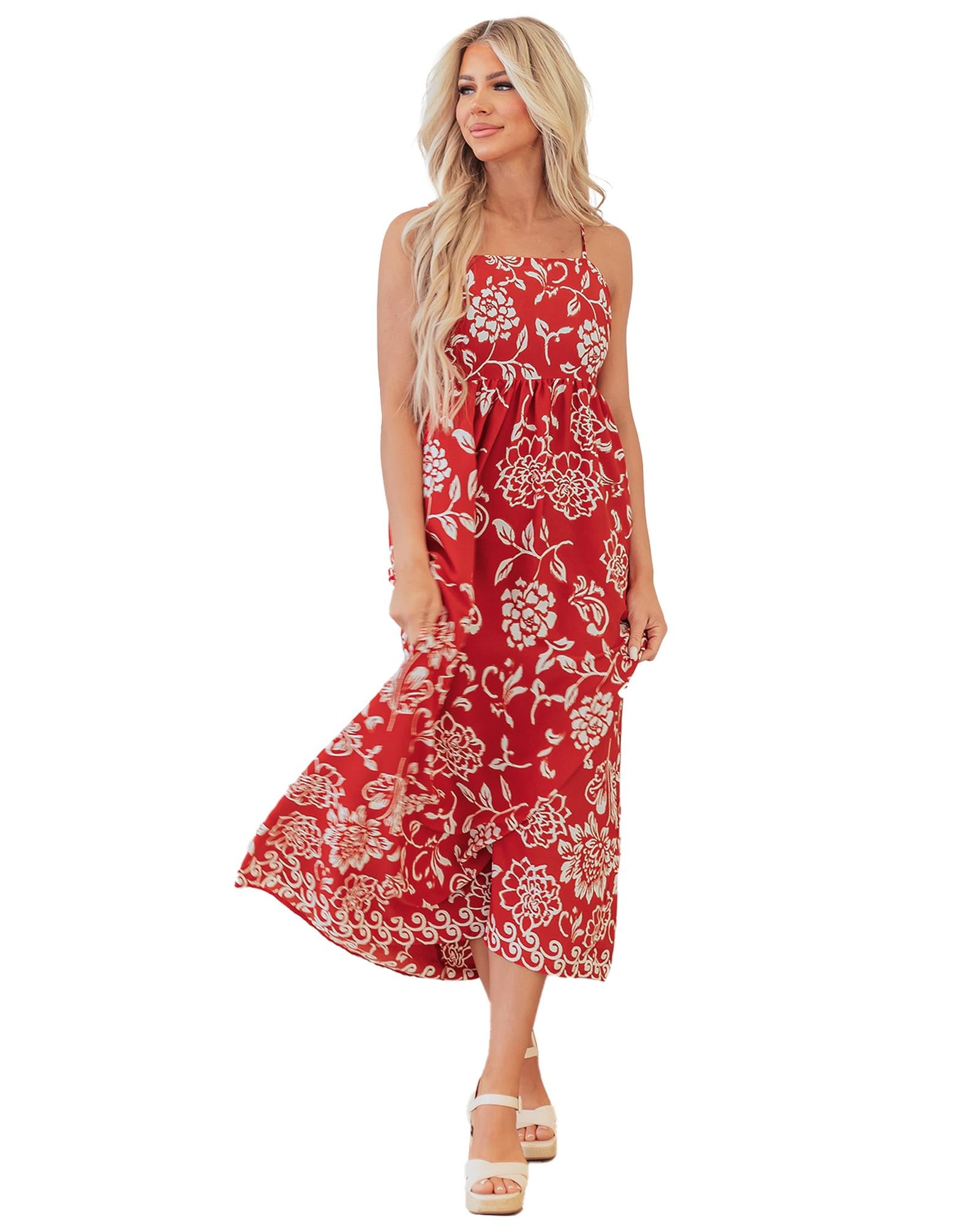 Red Floral Printed Spaghetti Strap Empire Waist Maxi Dress - L 6