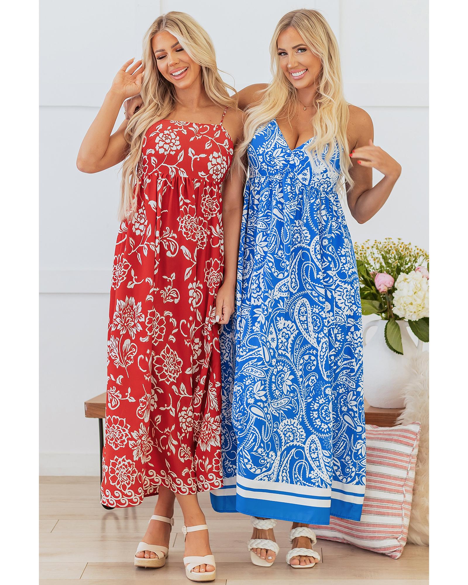 Red Floral Printed Spaghetti Strap Empire Waist Maxi Dress - L 8