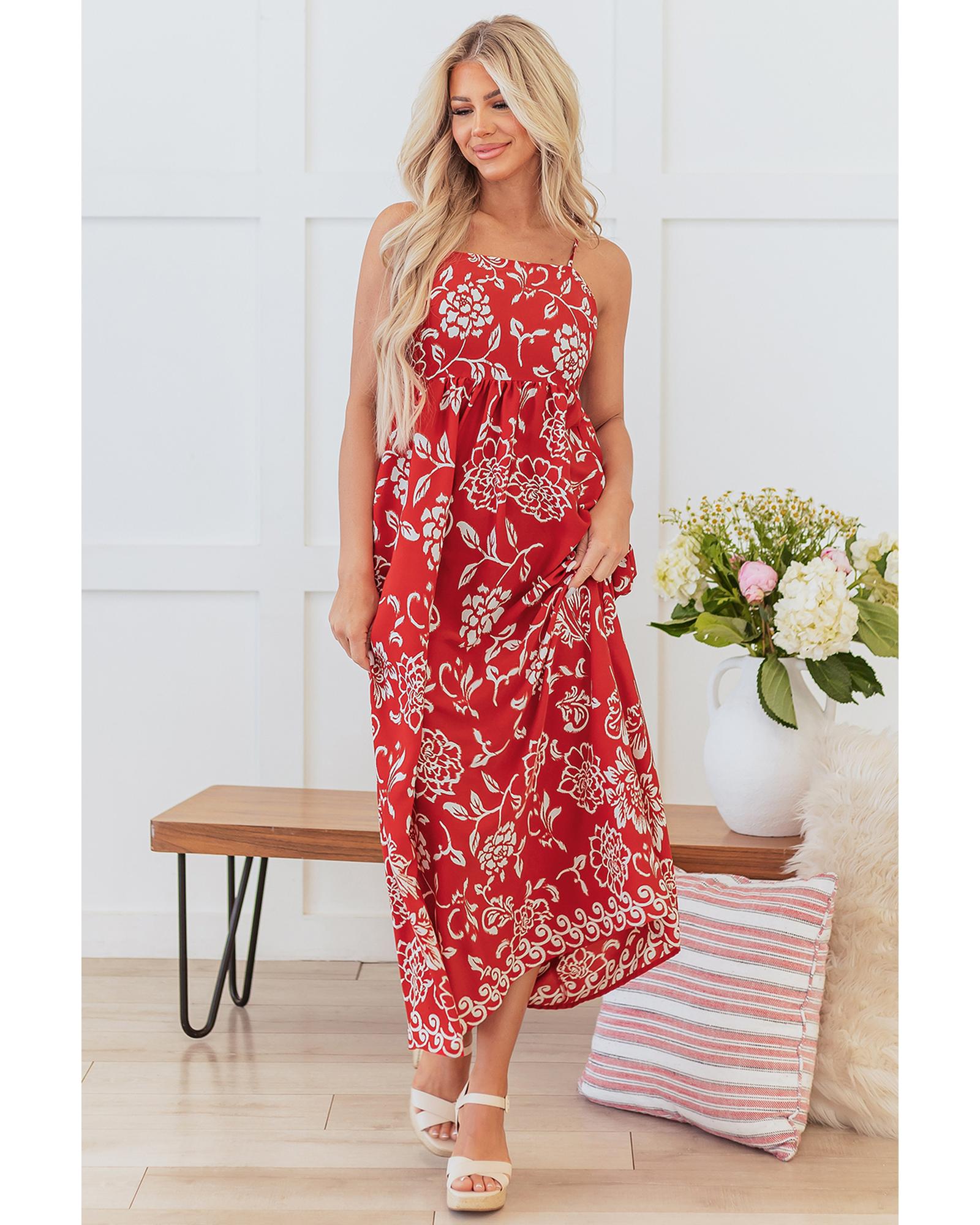 Red Floral Printed Spaghetti Strap Empire Waist Maxi Dress - S