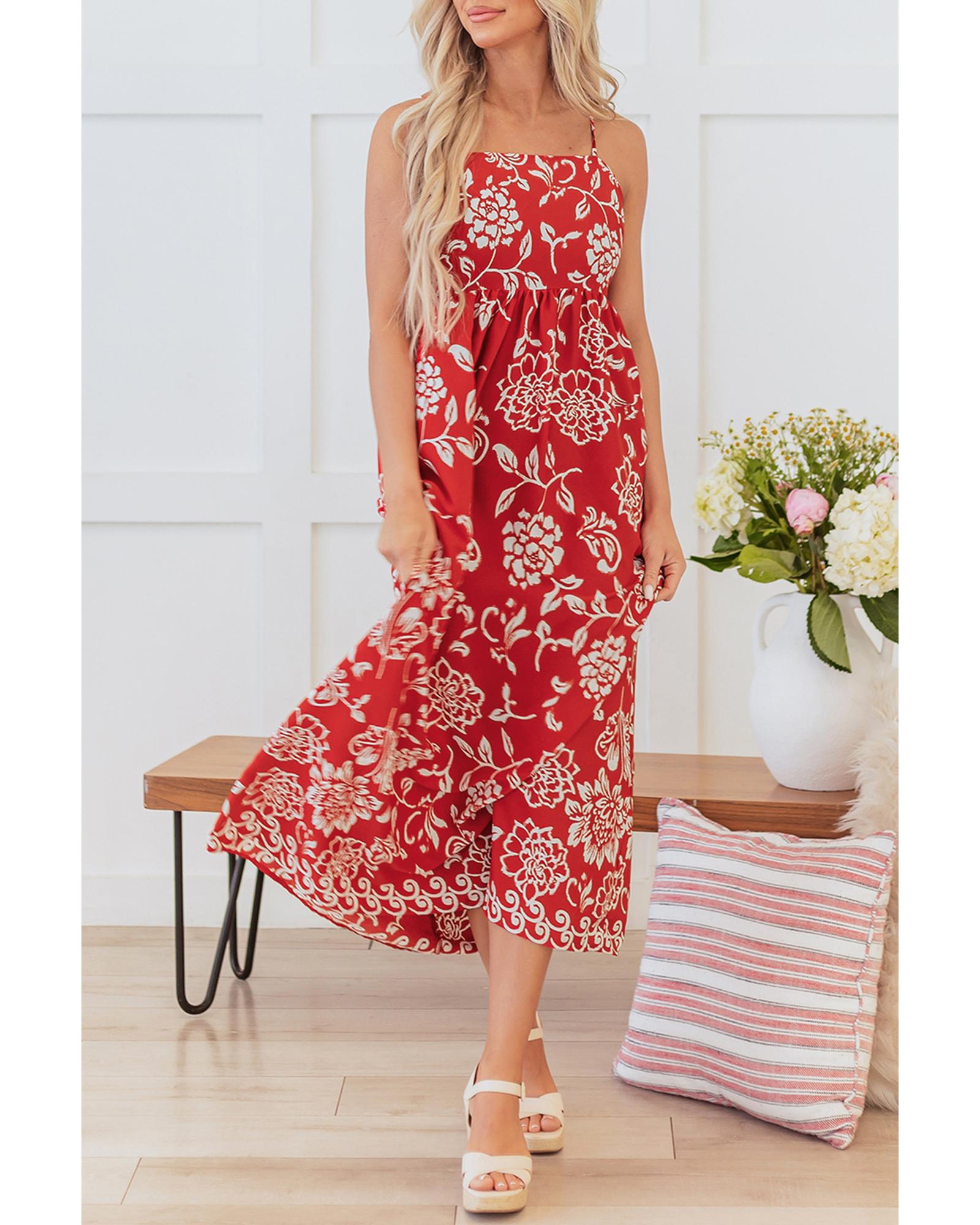 Red Floral Printed Spaghetti Strap Empire Waist Maxi Dress - S 7
