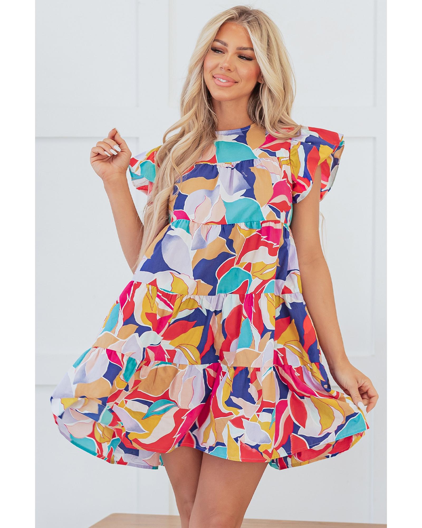 Pink Abstract Printed Ruffled Flutter Sleeve Tiered Mini Dress - L