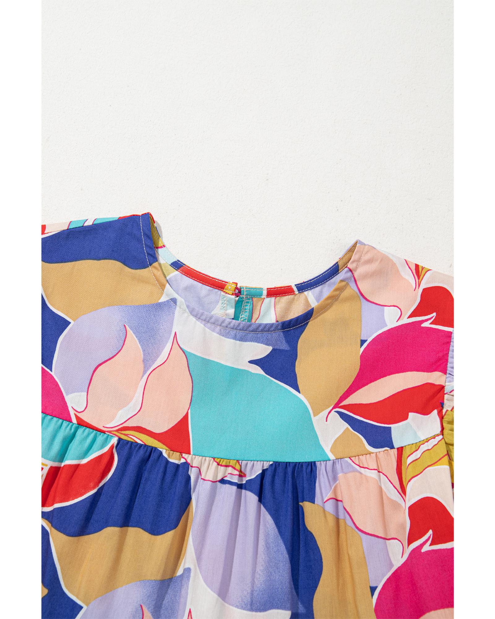 Pink Abstract Printed Ruffled Flutter Sleeve Tiered Mini Dress - L 5