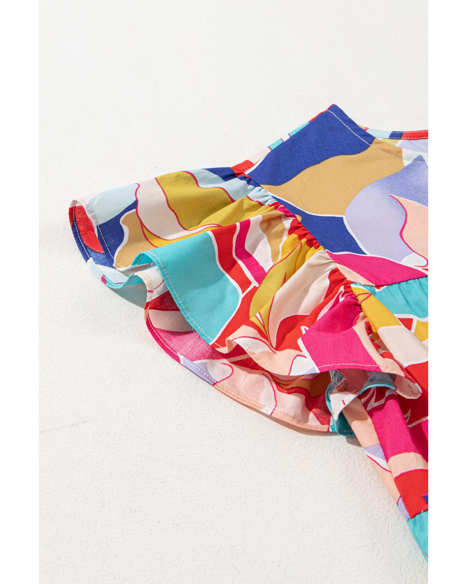 Pink Abstract Printed Ruffled Flutter Sleeve Tiered Mini Dress - M 5