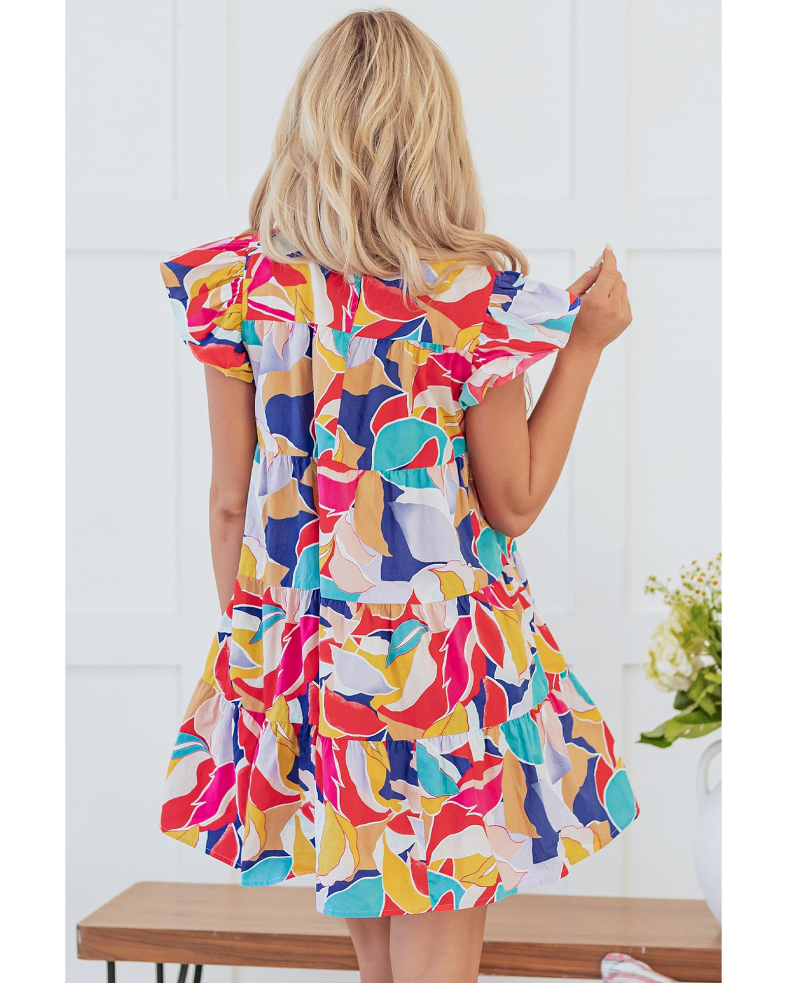 Pink Abstract Printed Ruffled Flutter Sleeve Tiered Mini Dress - XL