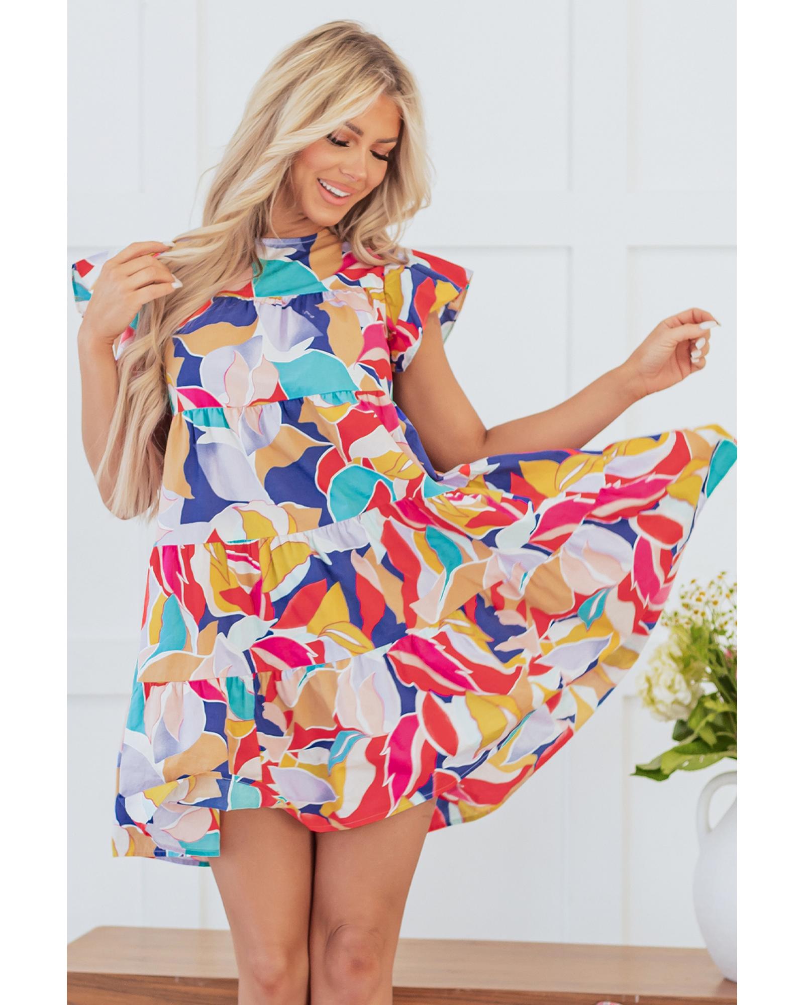 Pink Abstract Printed Ruffled Flutter Sleeve Tiered Mini Dress - XL 3
