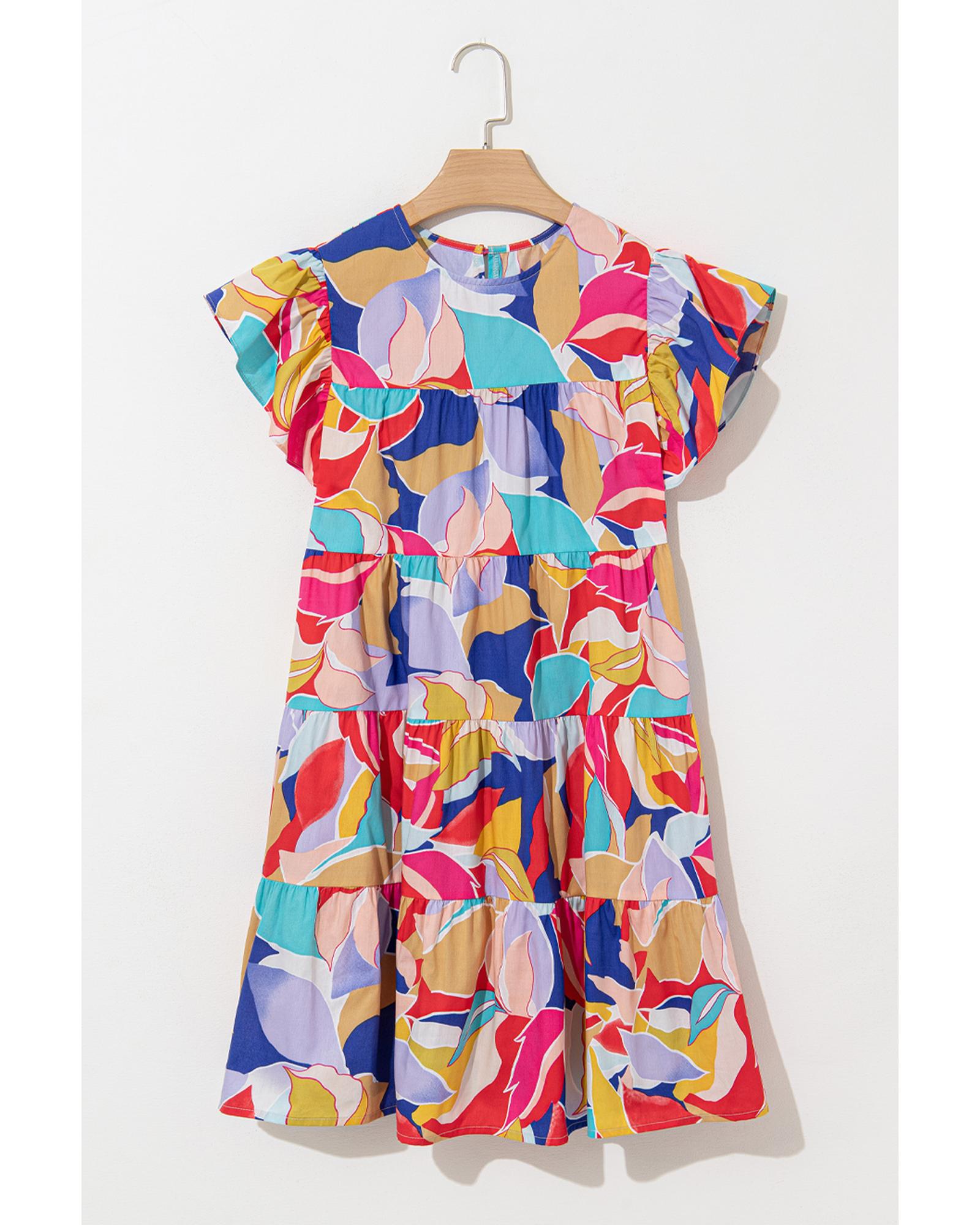 Pink Abstract Printed Ruffled Flutter Sleeve Tiered Mini Dress - XL 8