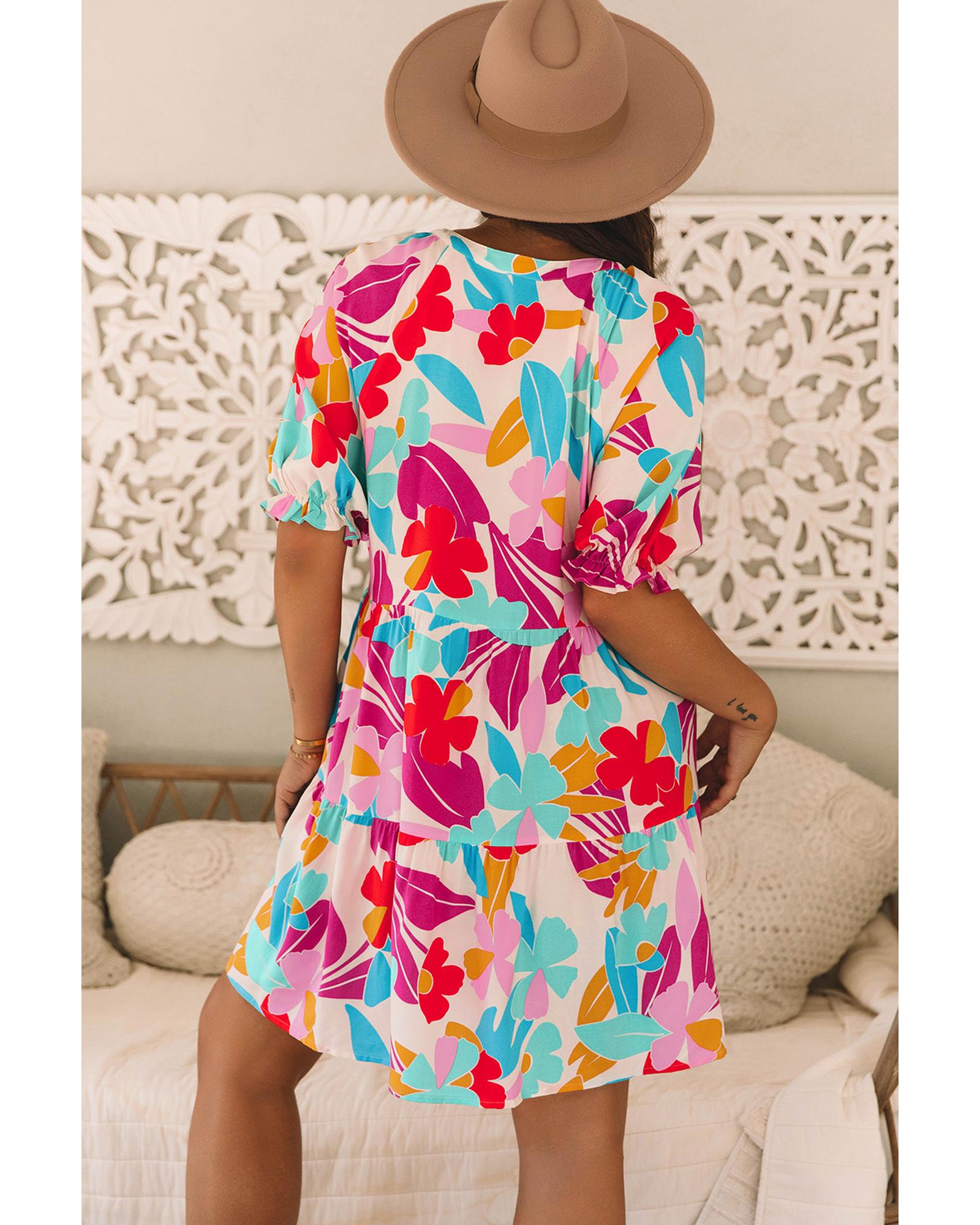 Rose Red Floral Bubble Sleeve V Neck Tiered Ruffle Babydoll Dress - XL