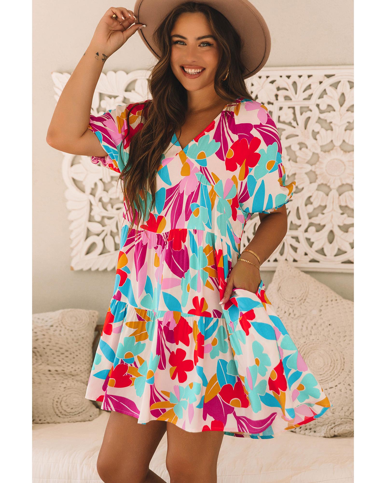 Rose Red Floral Bubble Sleeve V Neck Tiered Ruffle Babydoll Dress - XL 3