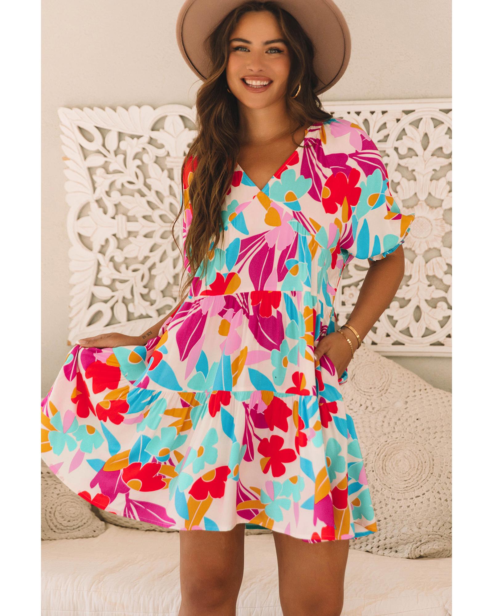 Rose Red Floral Bubble Sleeve V Neck Tiered Ruffle Babydoll Dress - XL 4