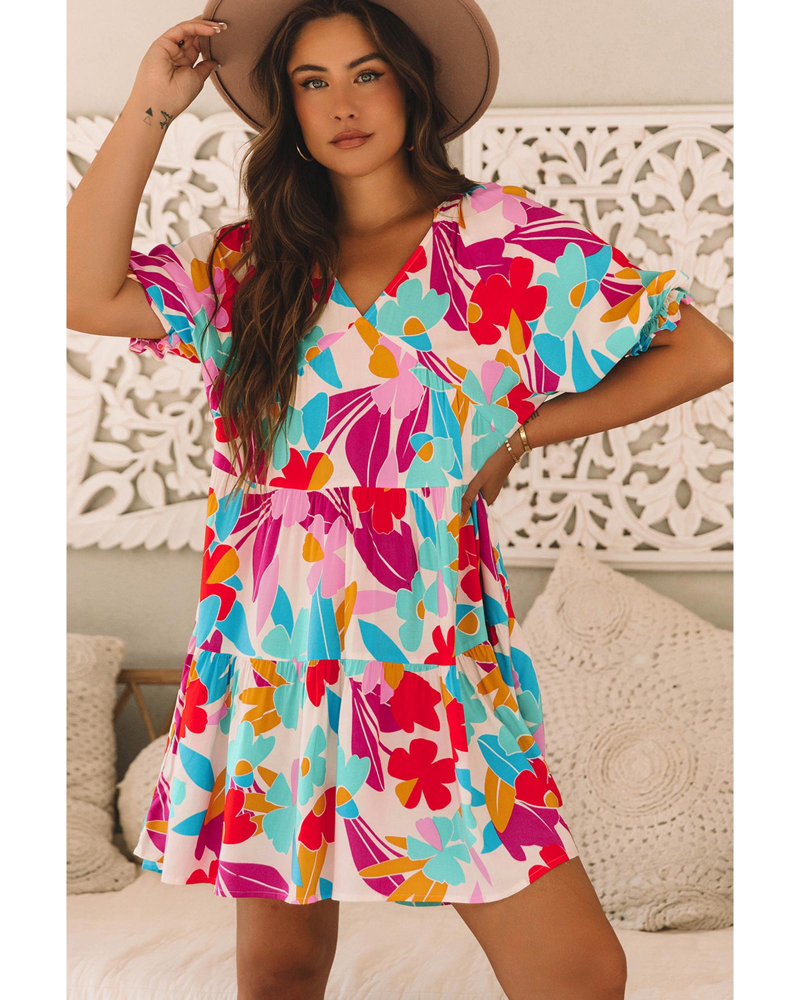 Rose Red Floral Bubble Sleeve V Neck Tiered Ruffle Babydoll Dress - XL 5