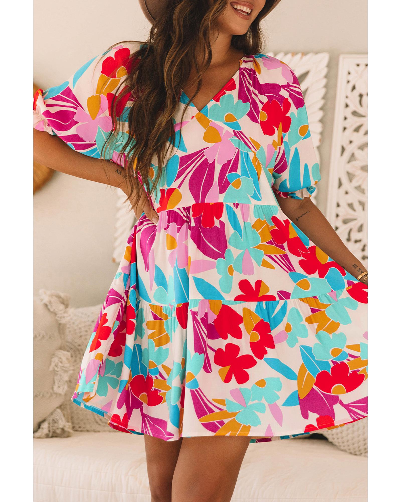 Rose Red Floral Bubble Sleeve V Neck Tiered Ruffle Babydoll Dress - XL 6