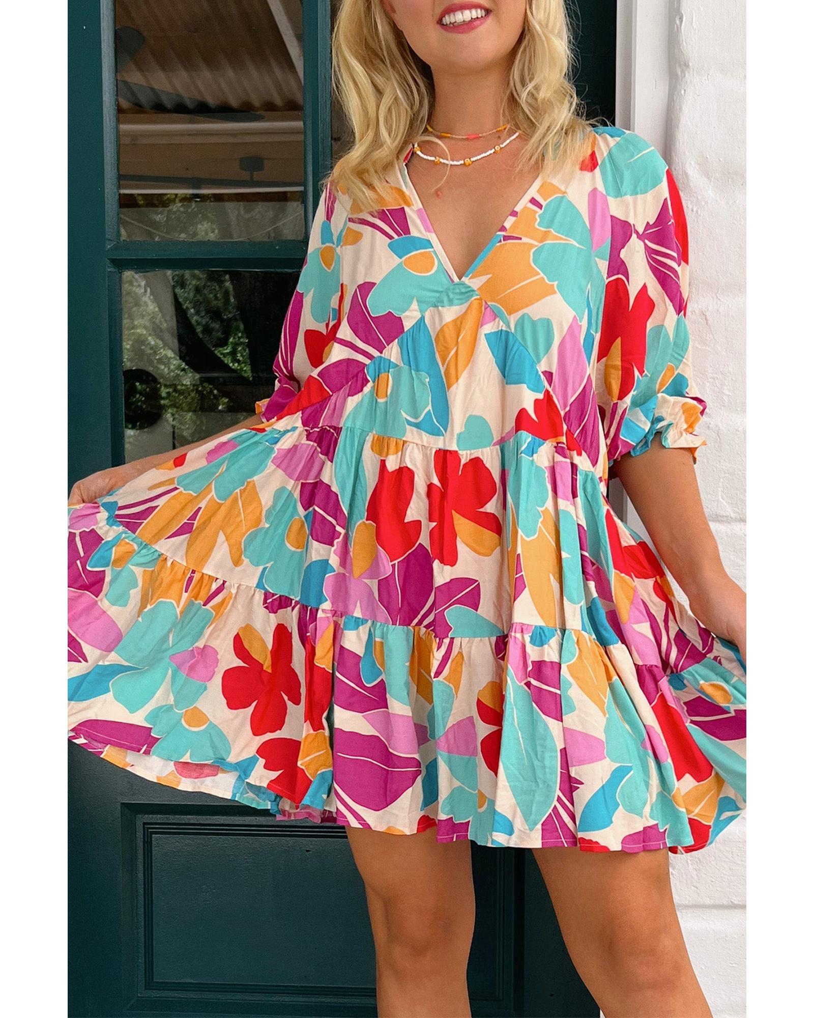 Rose Red Floral Bubble Sleeve V Neck Tiered Ruffle Babydoll Dress - XL 7