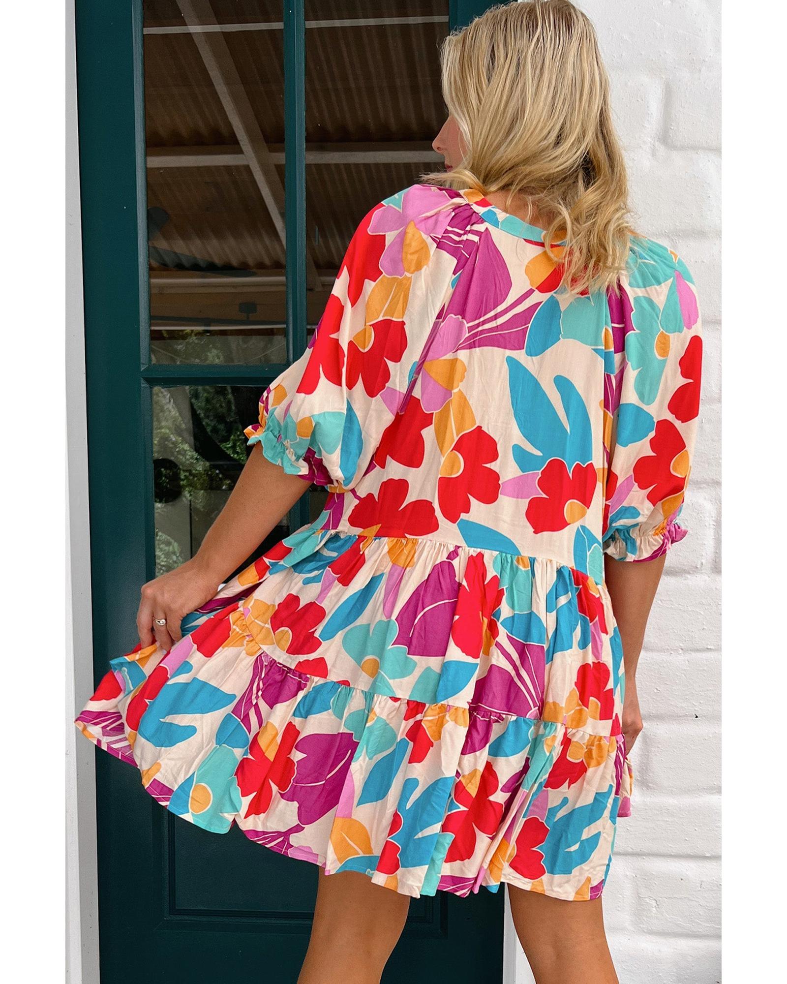 Rose Red Floral Bubble Sleeve V Neck Tiered Ruffle Babydoll Dress - XL 8