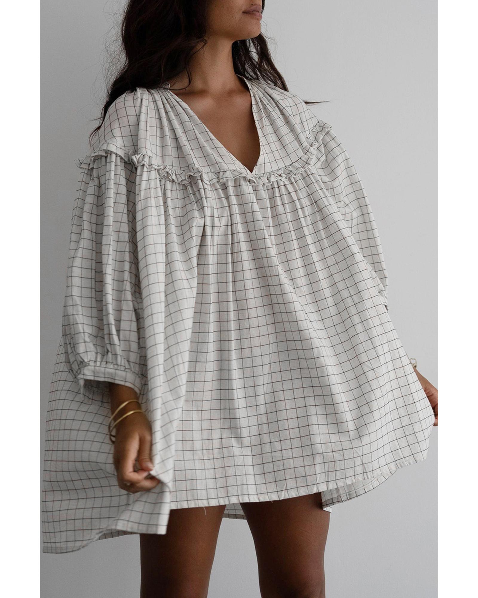 White Stripe Checkered Frilled V Neck Bracelet Sleeve Babydoll Dress - M
