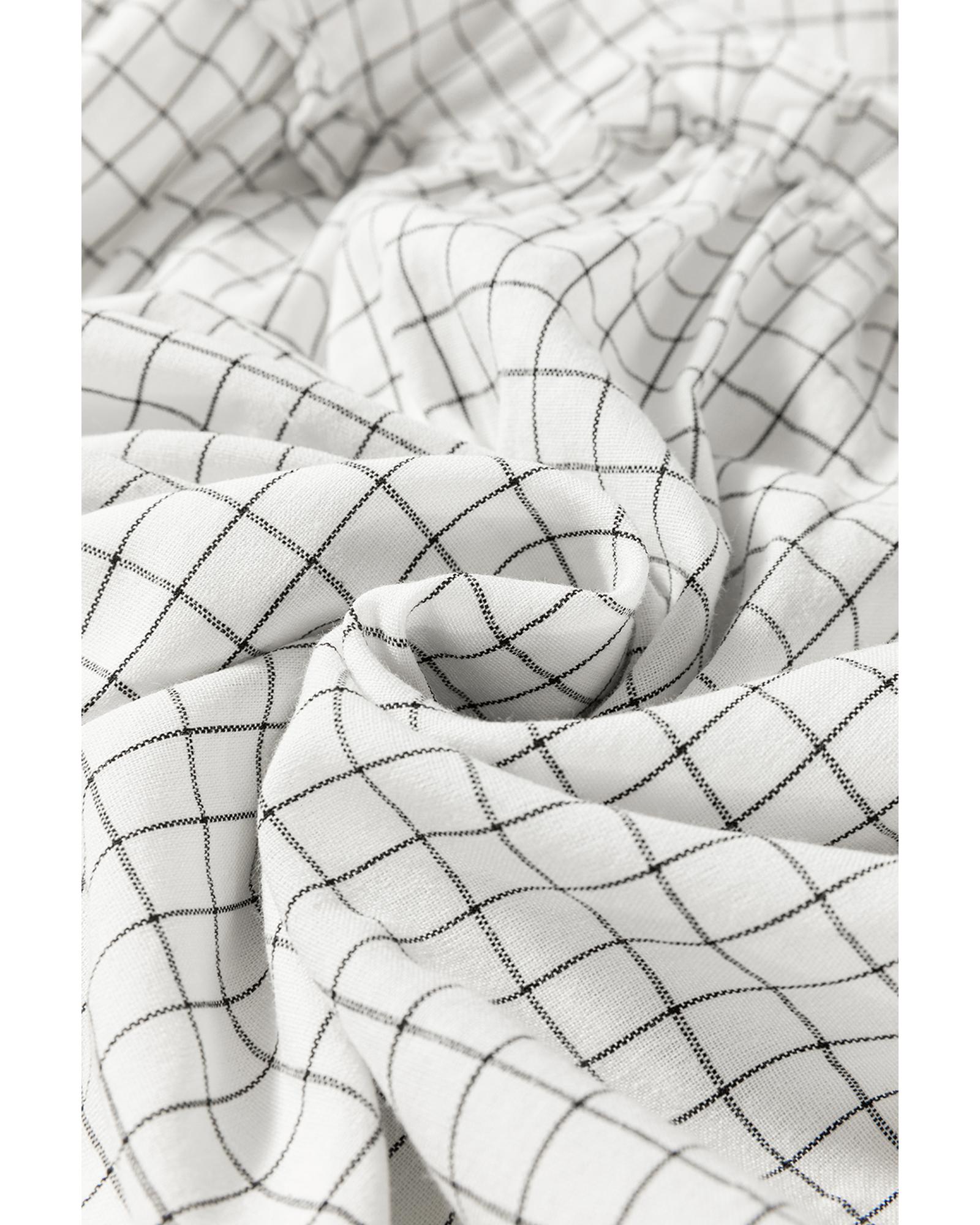 White Stripe Checkered Frilled V Neck Bracelet Sleeve Babydoll Dress - M